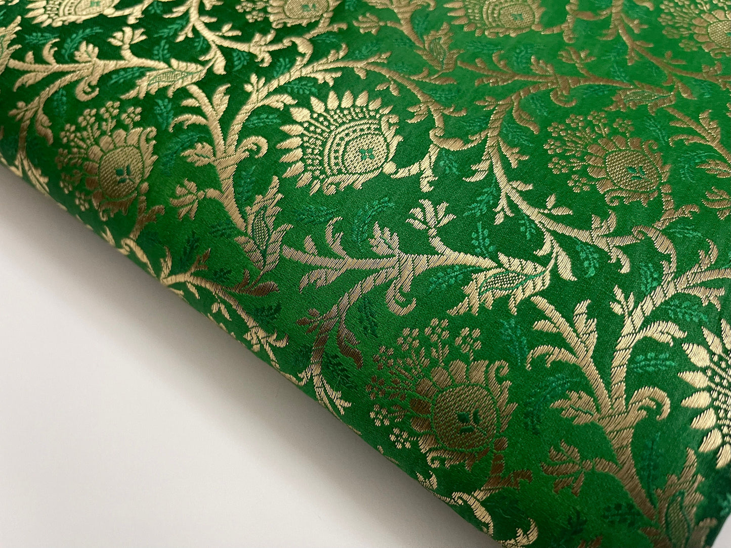 India Banarasi Brocade Fabric in Green and Gold color, Multiple lengths will come in the continuous piece - NF641