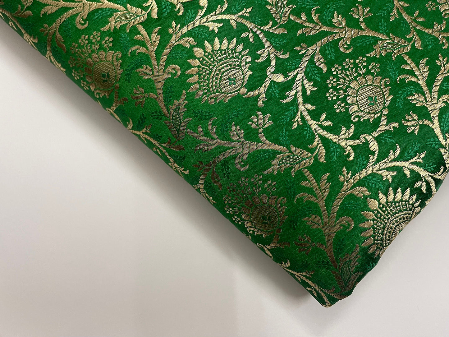 India Banarasi Brocade Fabric in Green and Gold color, Multiple lengths will come in the continuous piece - NF641