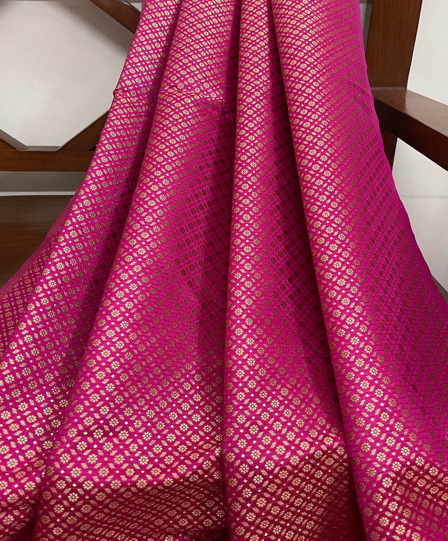 Indian Banarasi Brocade fabric in Hot pink and Gold color, Multiple lengths will come in the continuous Piece - NF570