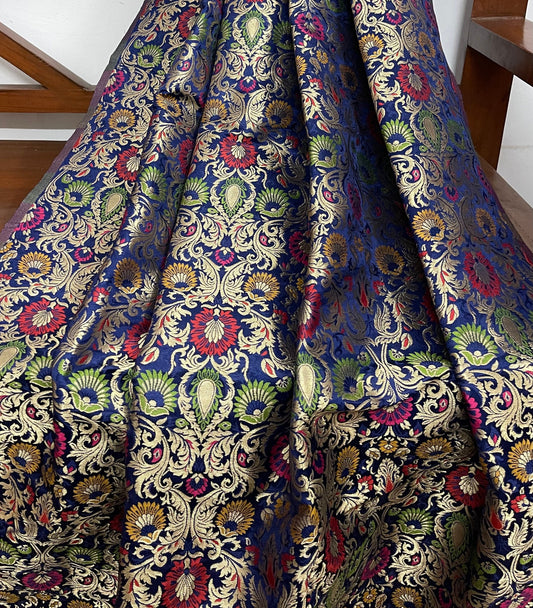 Indian banarasi brocade fabric Blue gold Jacquard fabric Home décor fabric Floral brocade Medieval fabric Artisanal textile - NFAF597