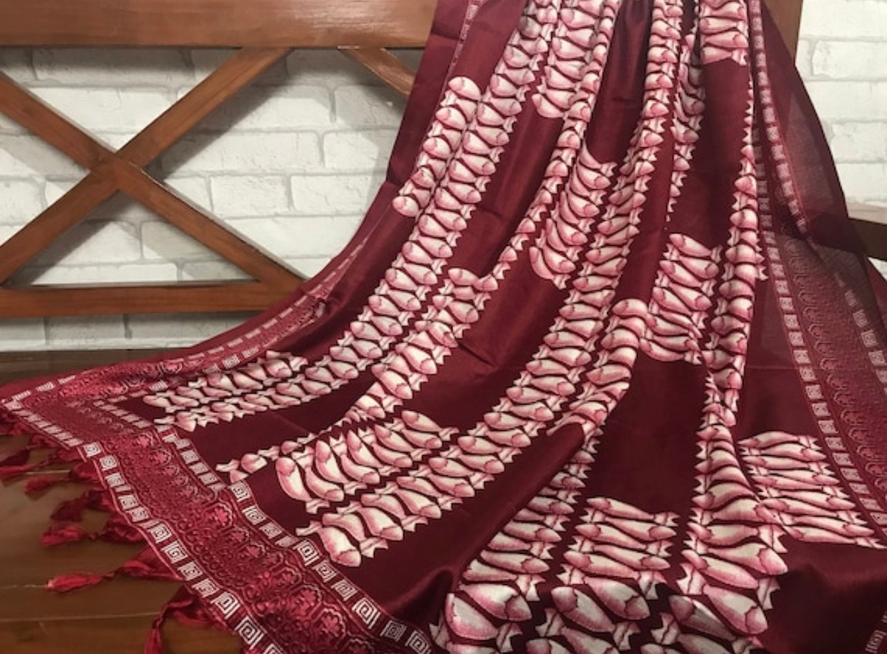 Handloom Khadi Art Silk Scarf, Block Print Vegetable Dyed Stole, Handmade Dupatta, Indian Khadi silk DP41