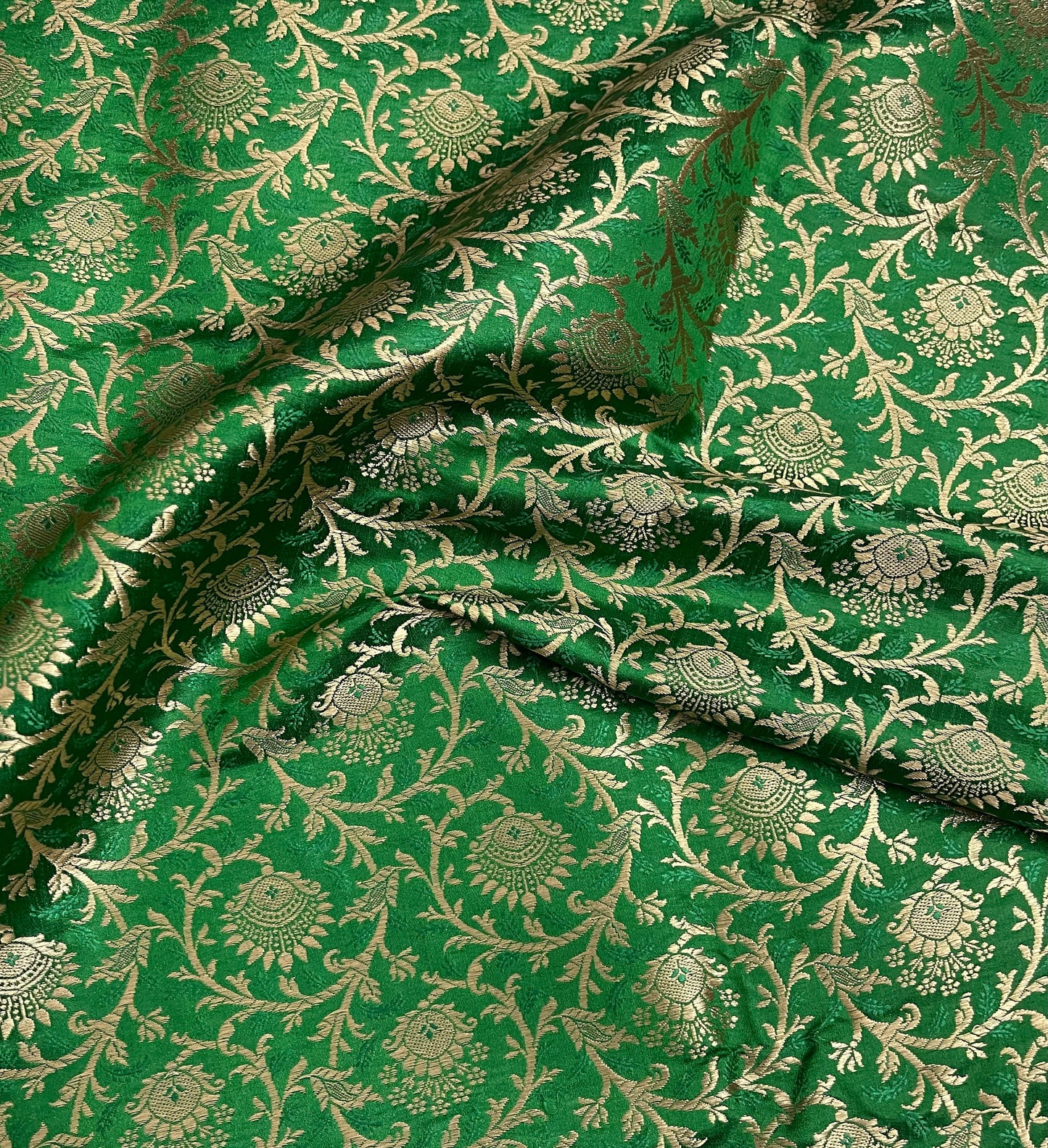 India Banarasi Brocade Fabric in Green and Gold color, Multiple lengths will come in the continuous piece - NF641