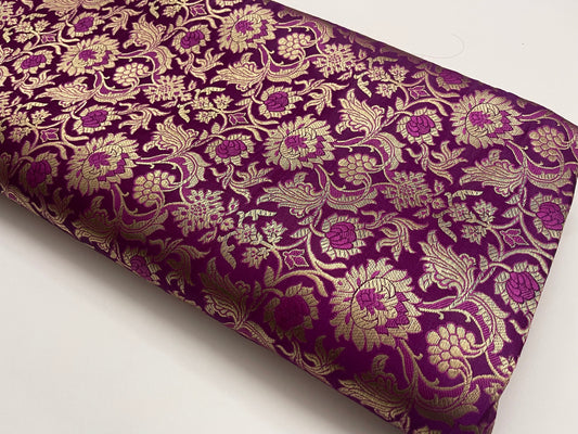 Indian Banarasi Brocade Fabric, Purple Gold Wedding dress fabric, Rayon silk brocade, Flower brocade,  Jacquard fabric - NFAF605