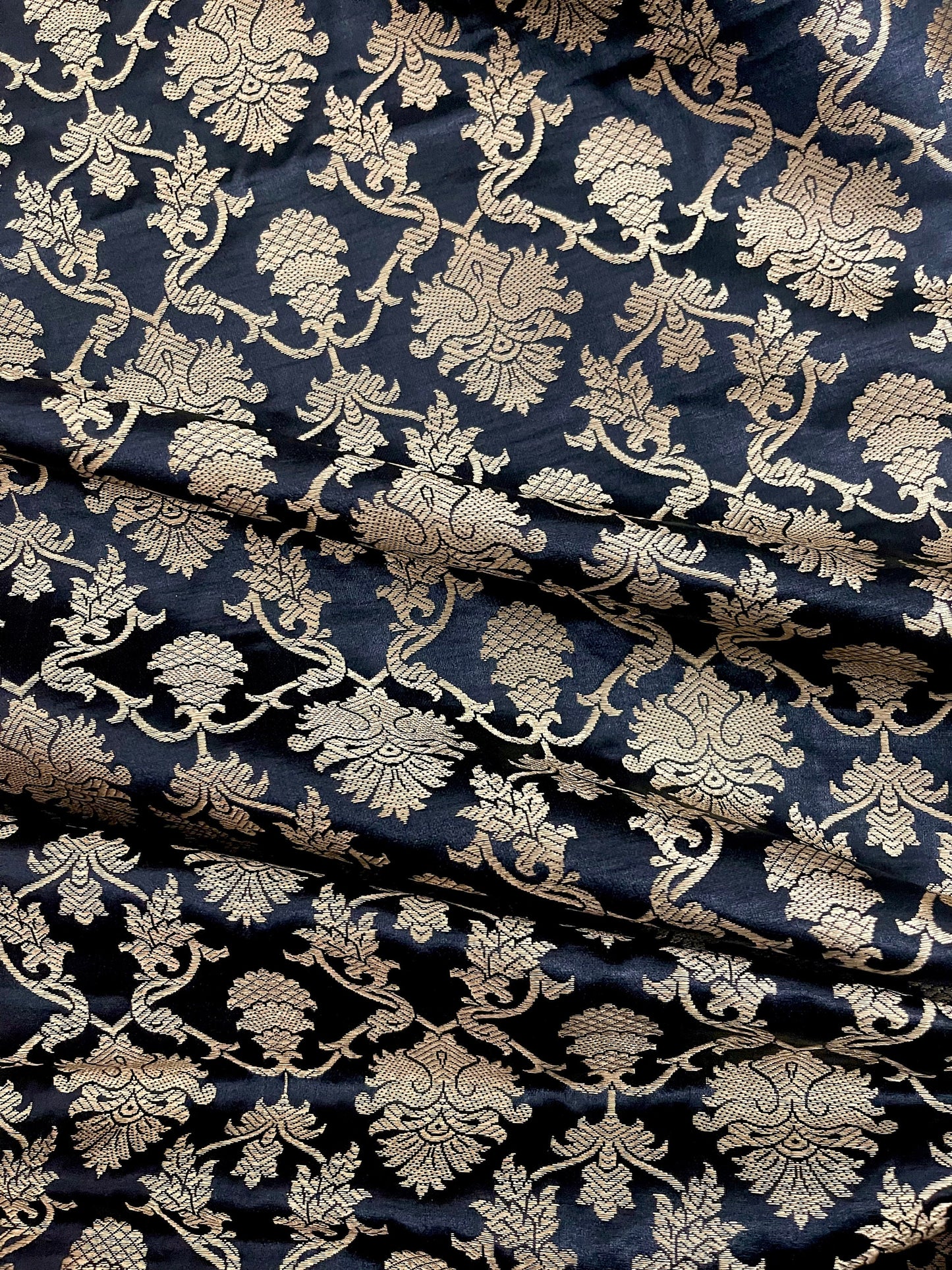 Indian Banarasi Brocade Fabric in Black and Gold color, Multiple lengths will come in the continuous piece - NF611