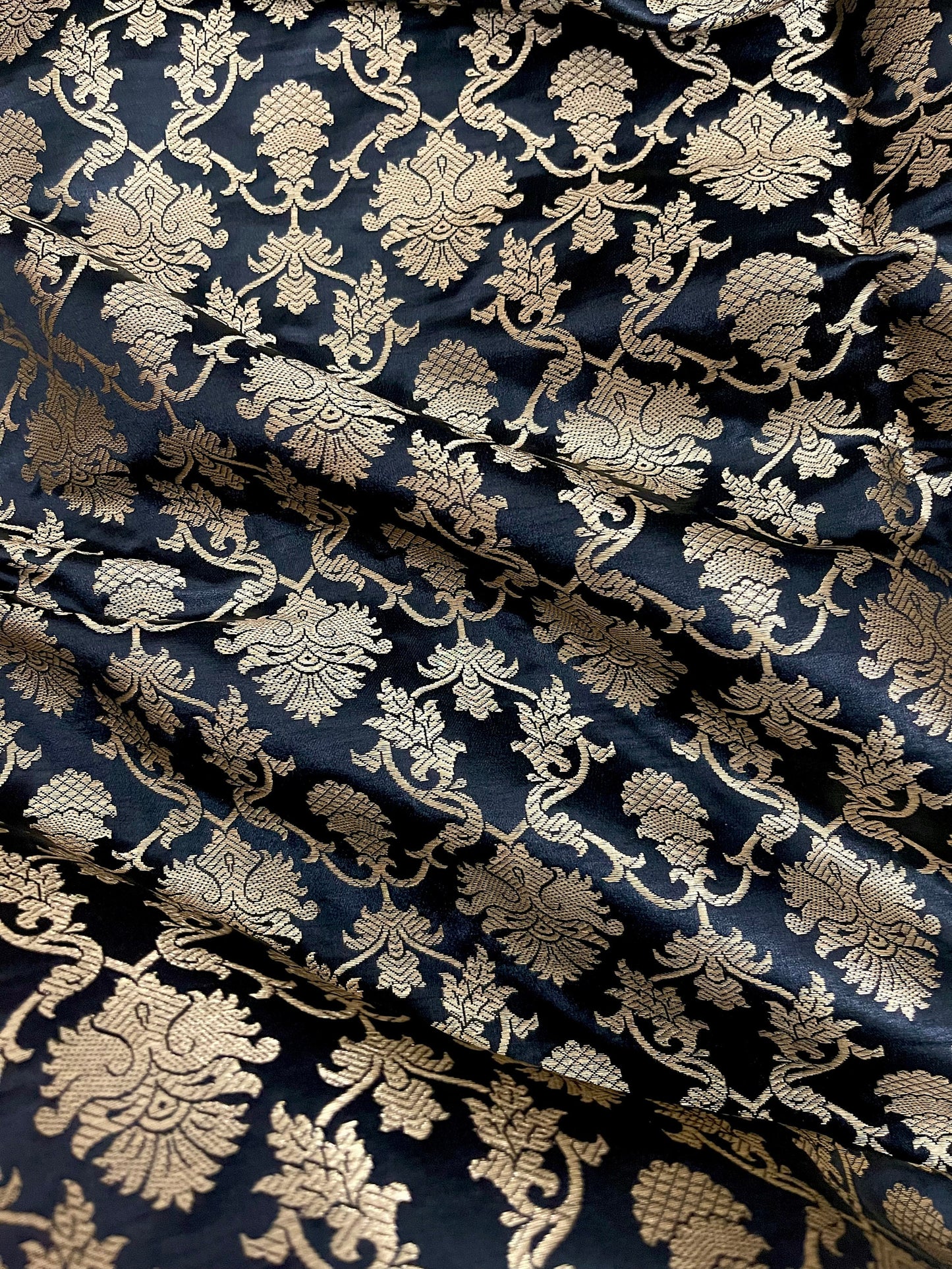 Indian Banarasi Brocade Fabric in Black and Gold color, Multiple lengths will come in the continuous piece - NF611