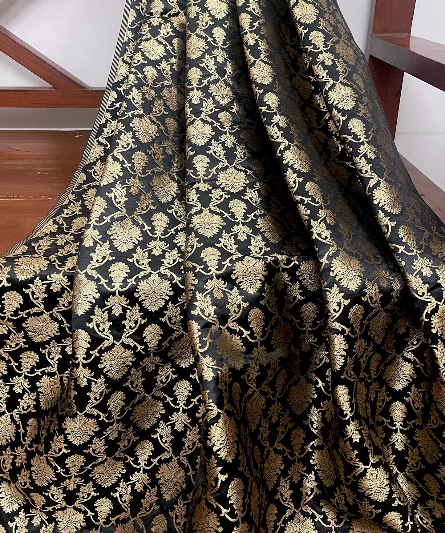 Indian Banarasi Brocade Fabric in Black and Gold color, Multiple lengths will come in the continuous piece - NF611