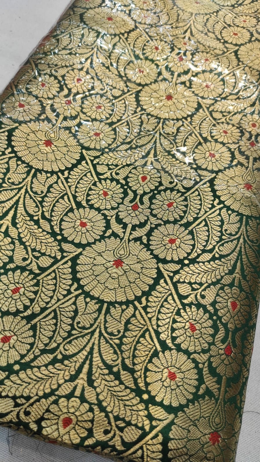 India Banarsi Brocade Fabric in Green and Gold color, Multiple lengths will come in the continuous piece - NF637