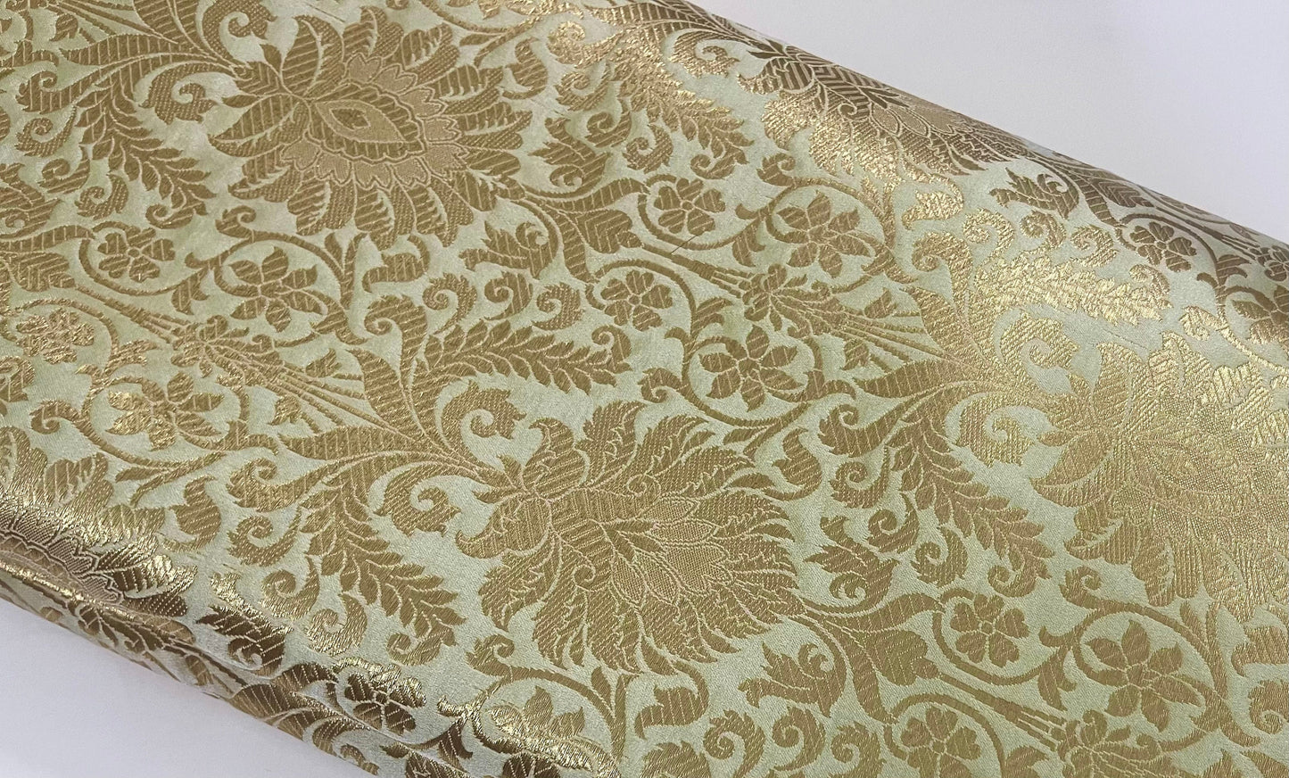 Green and Gold Brocade Fabric, Wedding Dress Fabric,  Multiple yardage will come in one piece - NF628