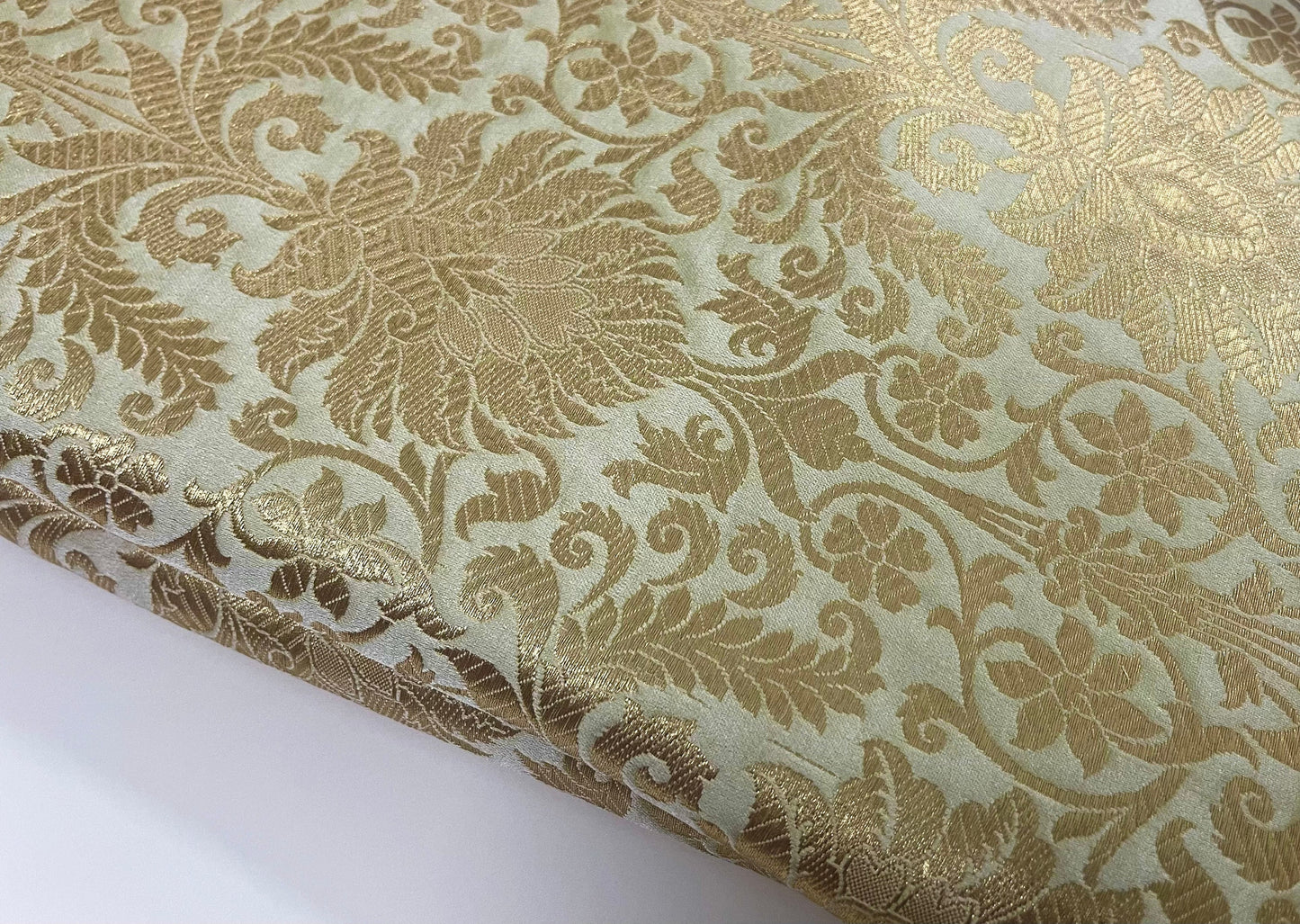 Green and Gold Brocade Fabric, Wedding Dress Fabric,  Multiple yardage will come in one piece - NF628