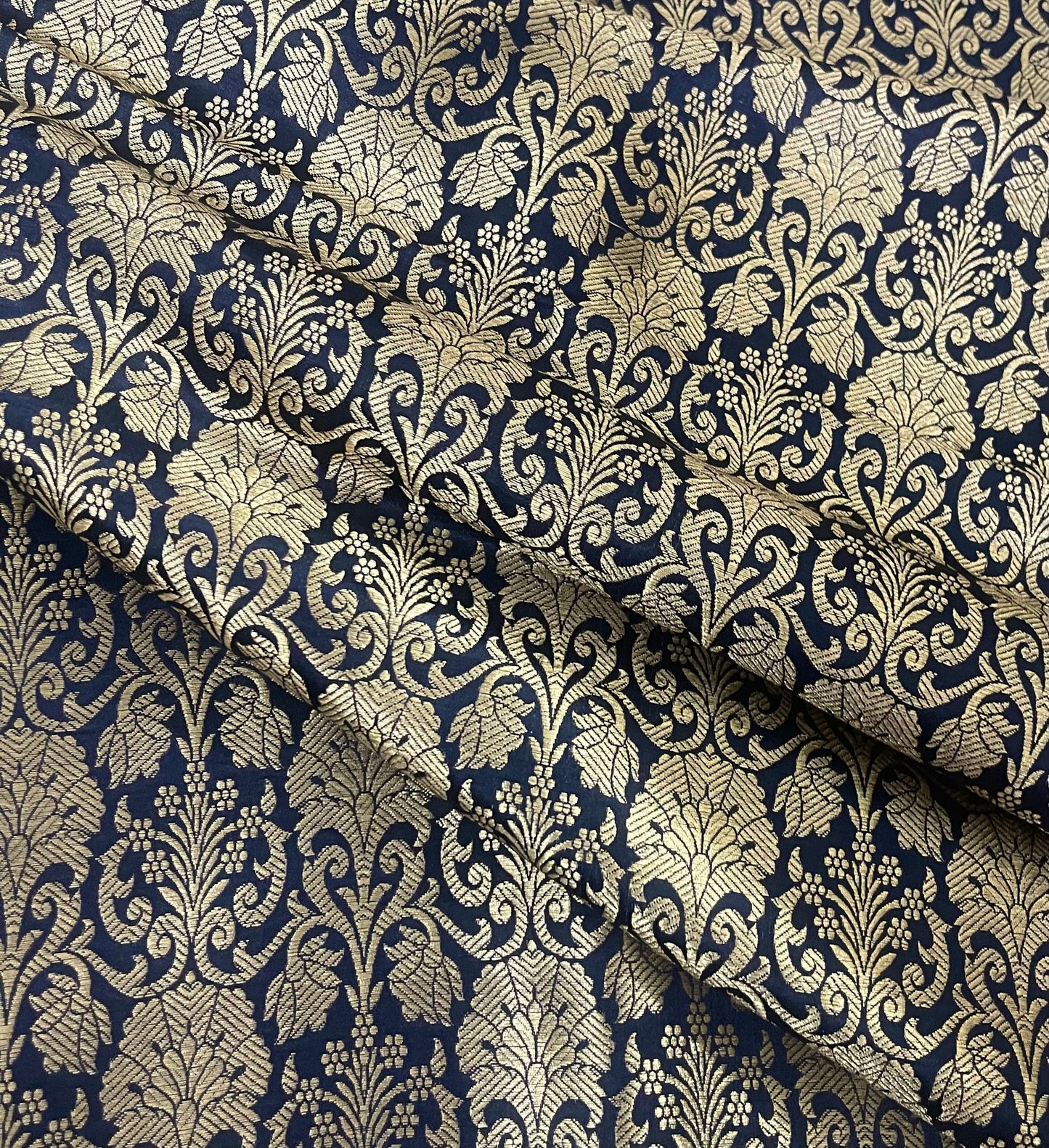 Indian Banarasi Brocade fabric in Blue and Gold color,  Multiple lengths will come in the continuous piece - NF621