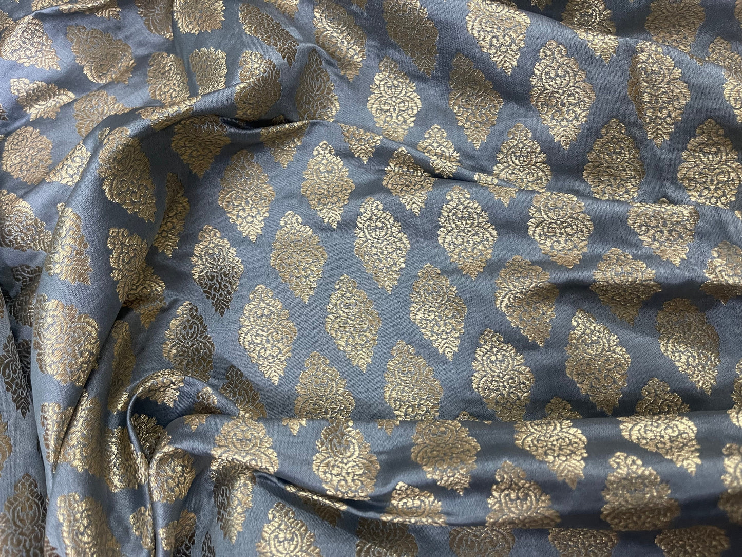 Indian Banarasi Brocade Fabric in Gray & Gold color,  Multiple lengths will come in a continuous piece - NF625