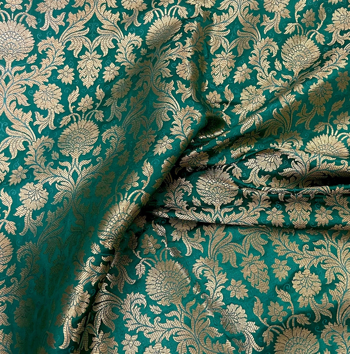 Indian Banarasi Brocade Fabric in Green and Gold Brocade color, Multiple lengths will come in the continuous piece - NFAF638