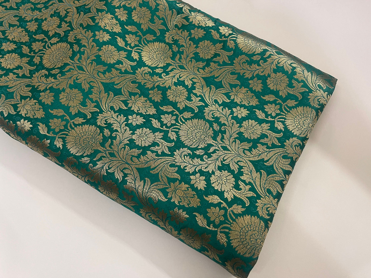 Indian Banarasi Brocade Fabric in Green and Gold Brocade color, Multiple lengths will come in the continuous piece - NFAF638