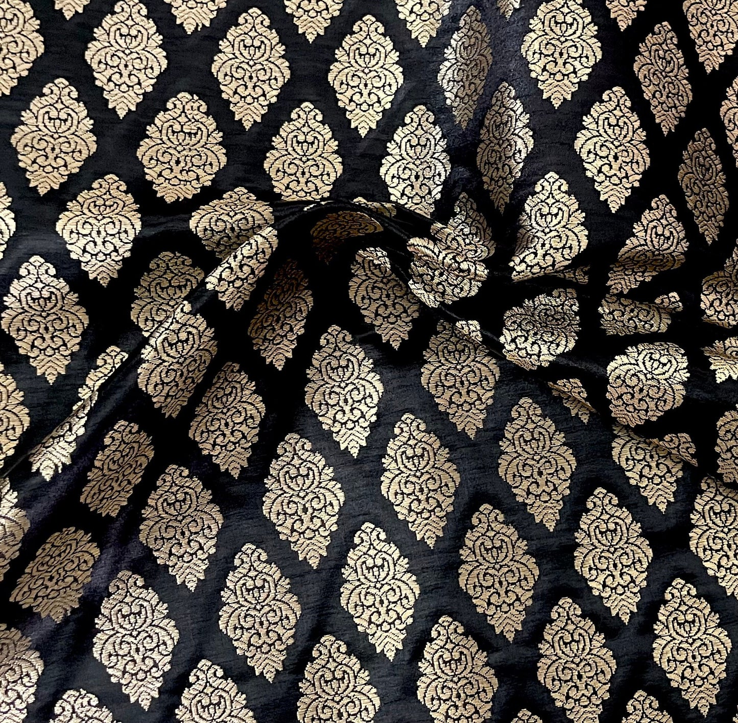 India Banarasi Brocade fabric in Black and Gold color, Multiple lengths will come in the continuous Piece - NF646