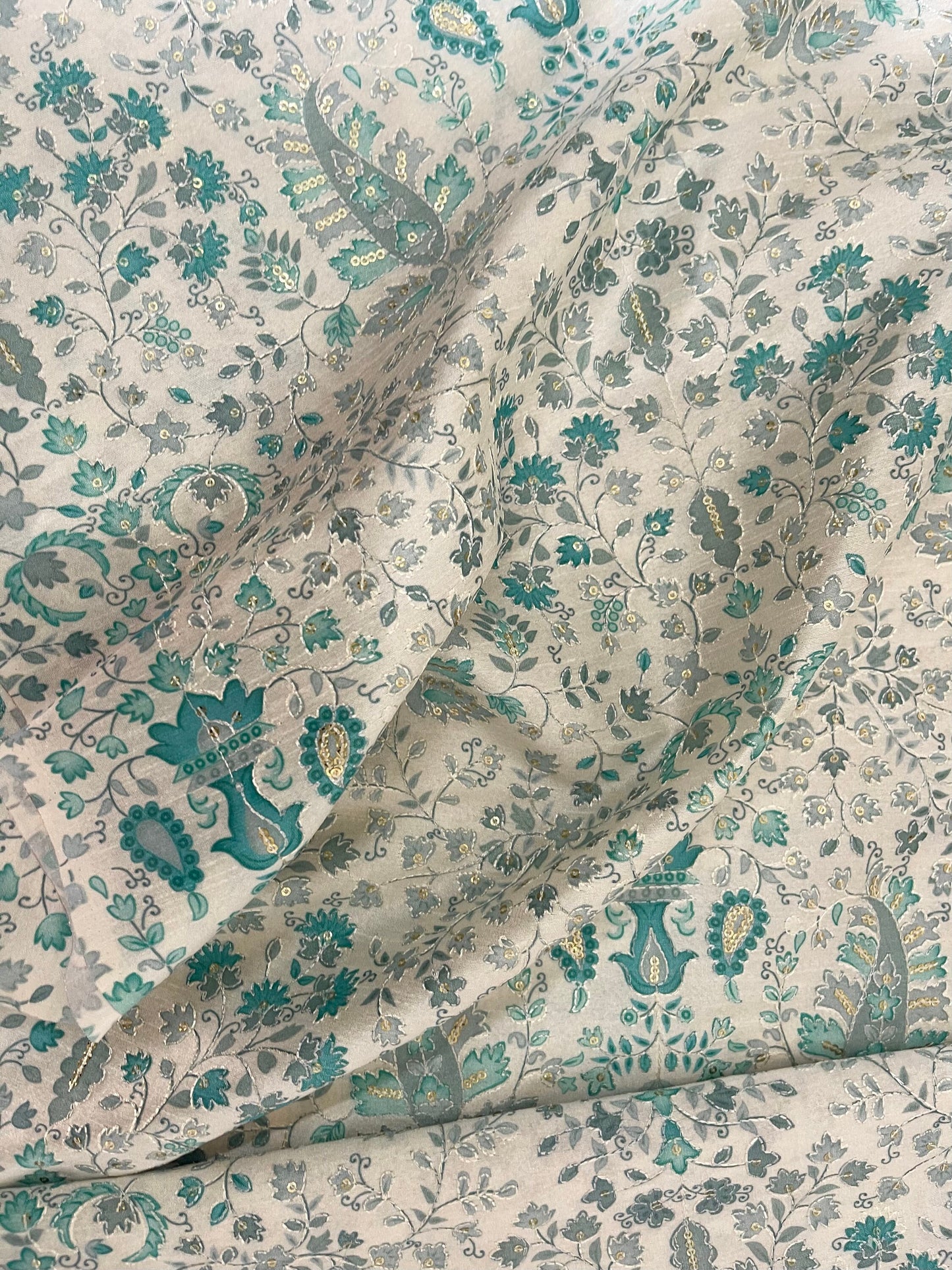 Green, Gray & Gold Embroidered Off White Base Viscose Silk Fabric, Dress Bridal Wedding Fabric, Multiple lengths will come in the continuous piece - NF644