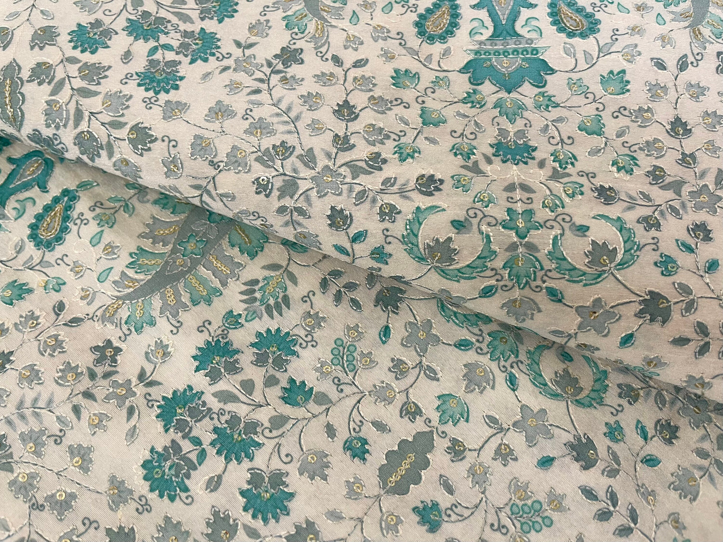 Green, Gray & Gold Embroidered Off White Base Viscose Silk Fabric, Dress Bridal Wedding Fabric, Multiple lengths will come in the continuous piece - NF644