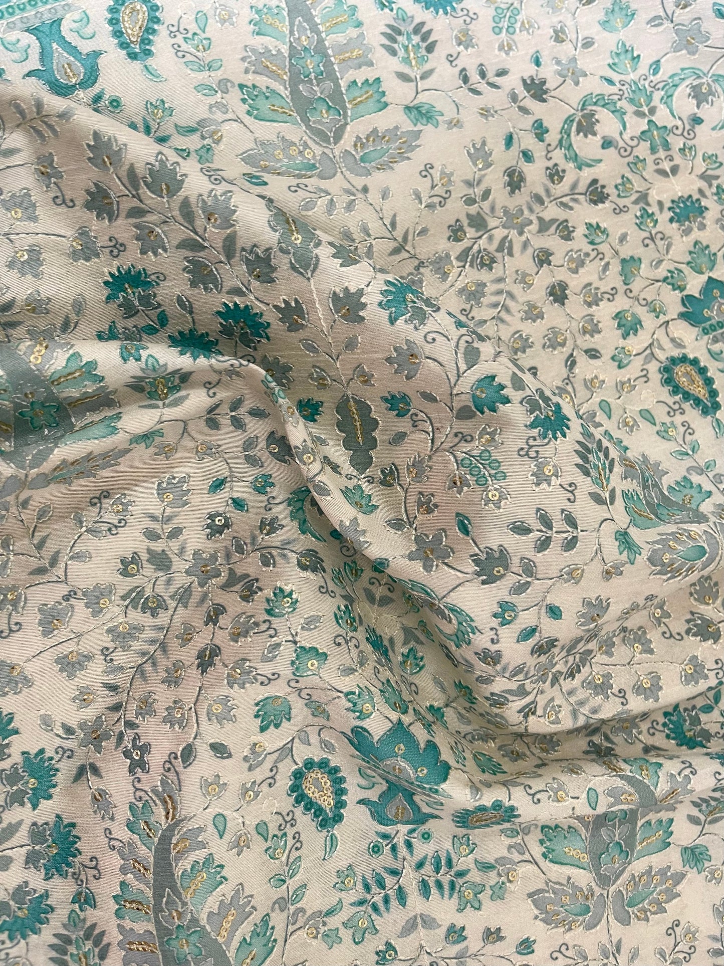 Green, Gray & Gold Embroidered Off White Base Viscose Silk Fabric, Dress Bridal Wedding Fabric, Multiple lengths will come in the continuous piece - NF644