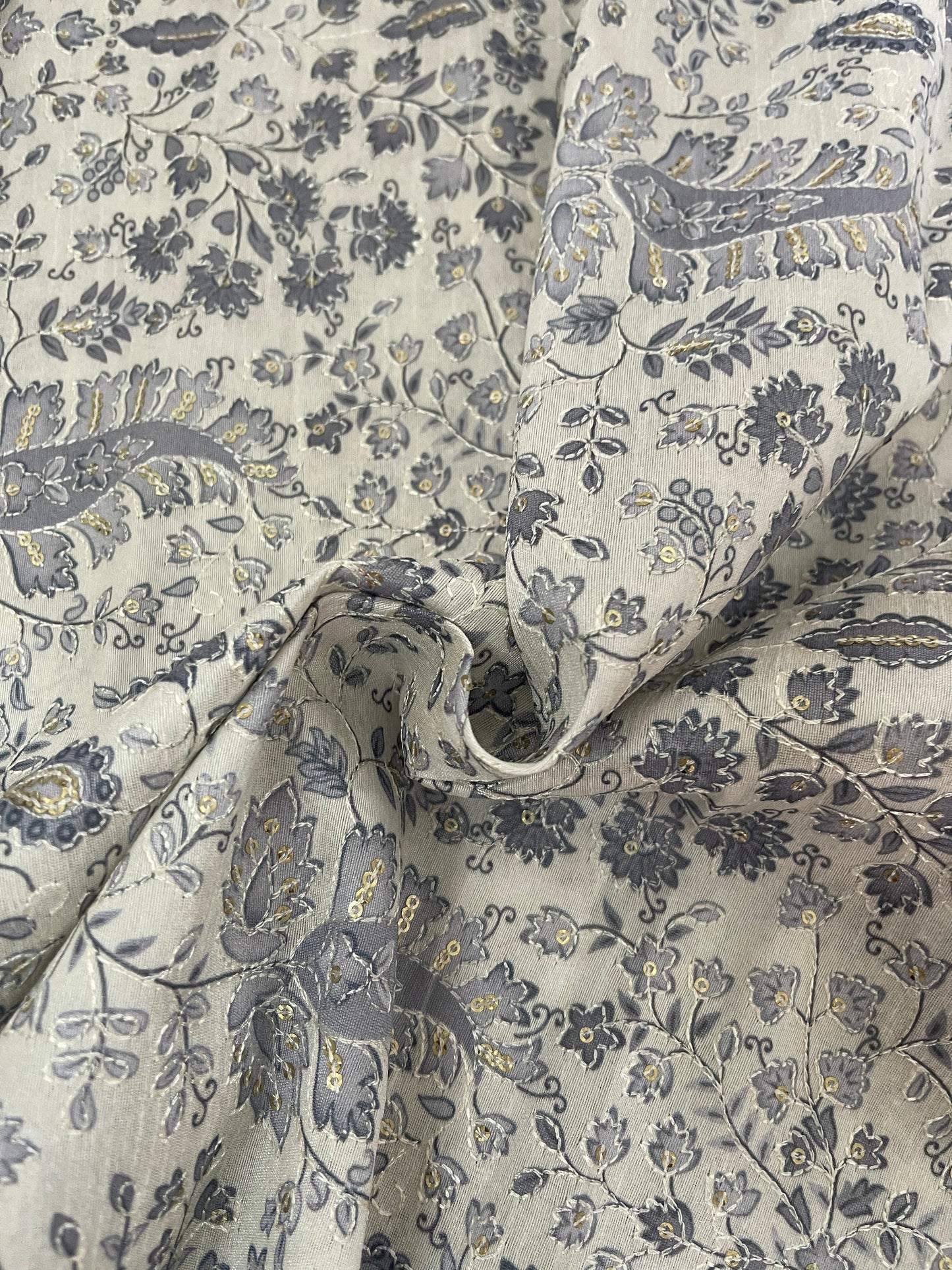 Indian Embroidered Viscose Silk Fabric in Gray and off White Color, Multiple lengths will come in the continuous Piece - NF645