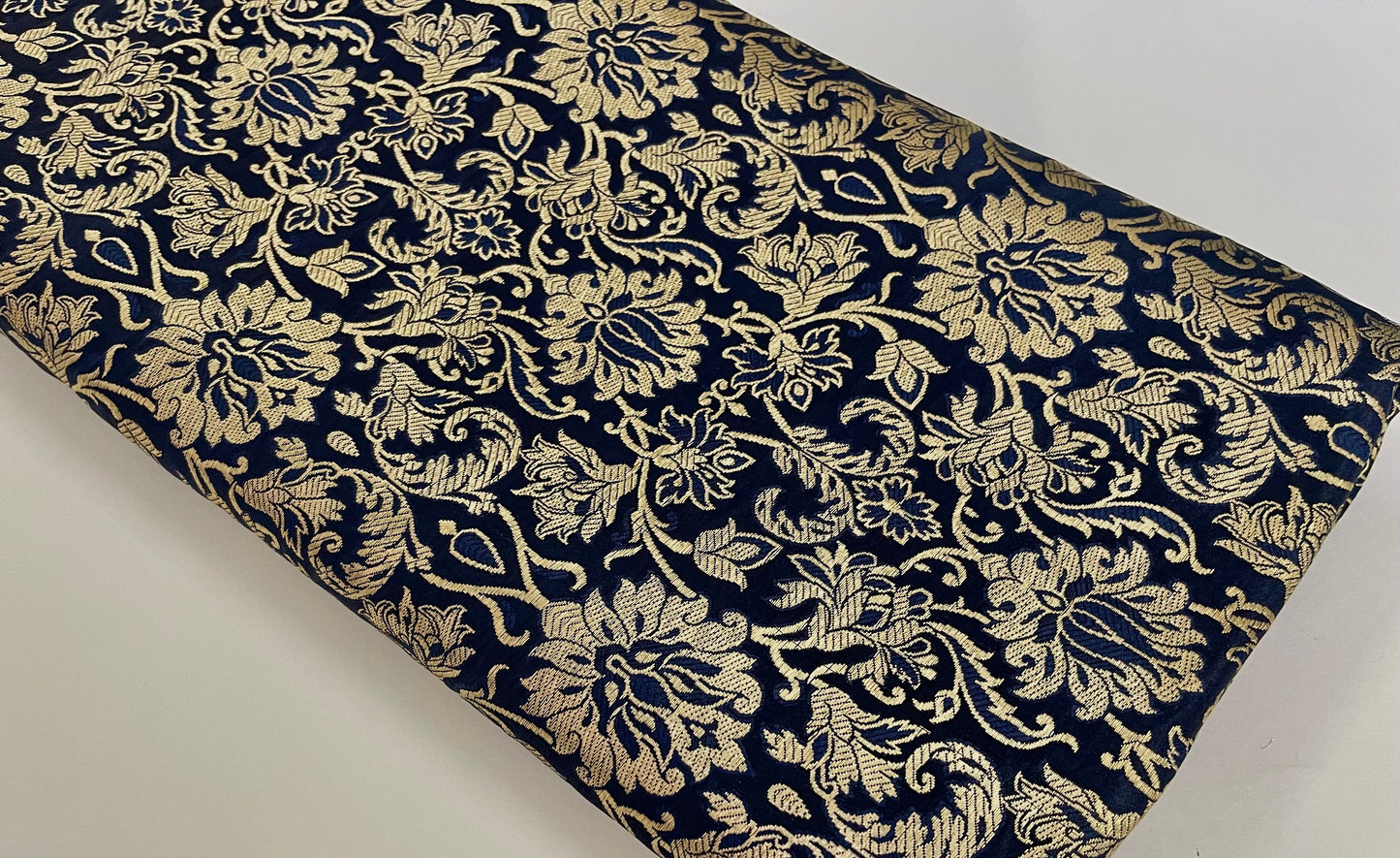 India Banarasi Brocade Fabric in Navy Blue and Gold color,  Multiple lengths will come in the continuous Piece - NF693