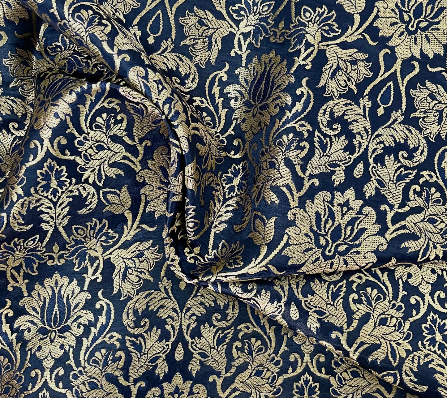 India Banarasi Brocade Fabric in Navy Blue and Gold color,  Multiple lengths will come in the continuous Piece - NF693