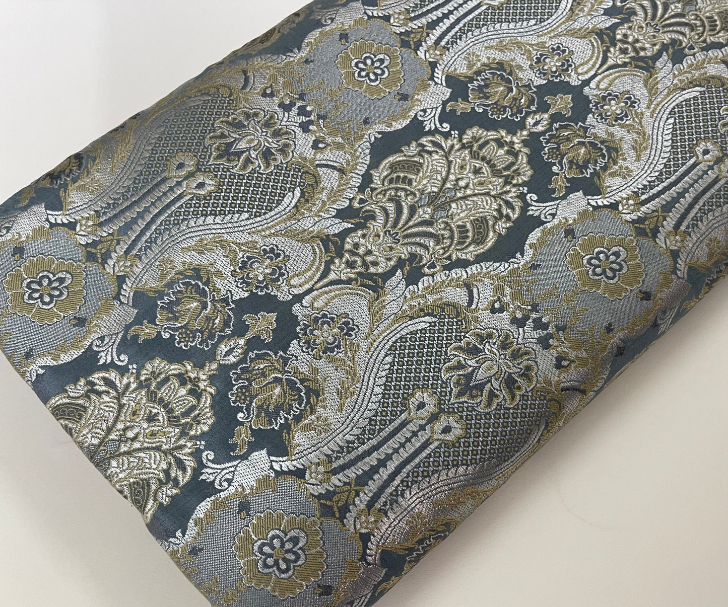 Indian Banarsri Brocade Fabric in Slate Gray and Silver color, Multiple lengths will come in the continuous piece - NF798