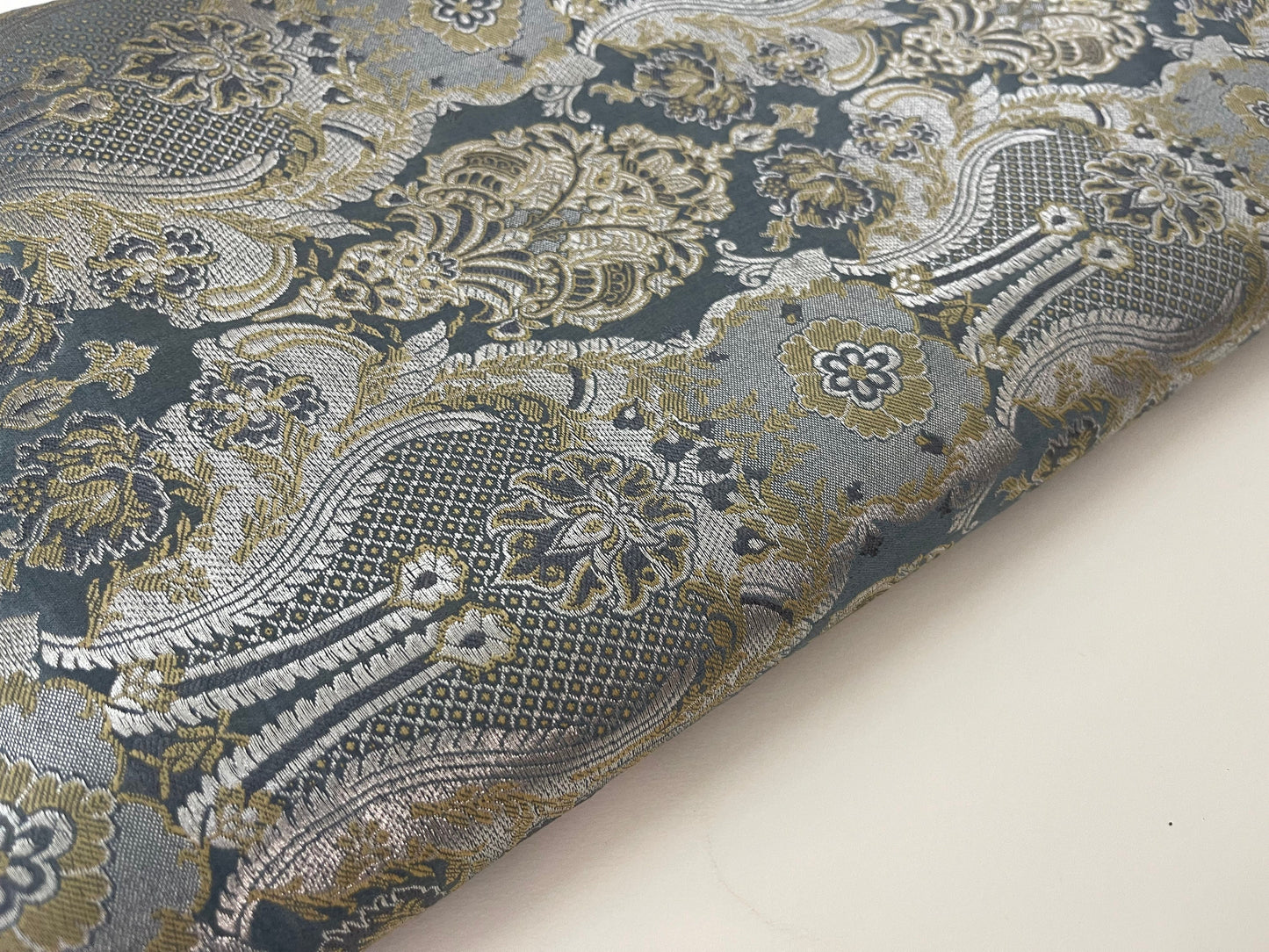 Indian Banarsri Brocade Fabric in Slate Gray and Silver color, Multiple lengths will come in the continuous piece - NF798