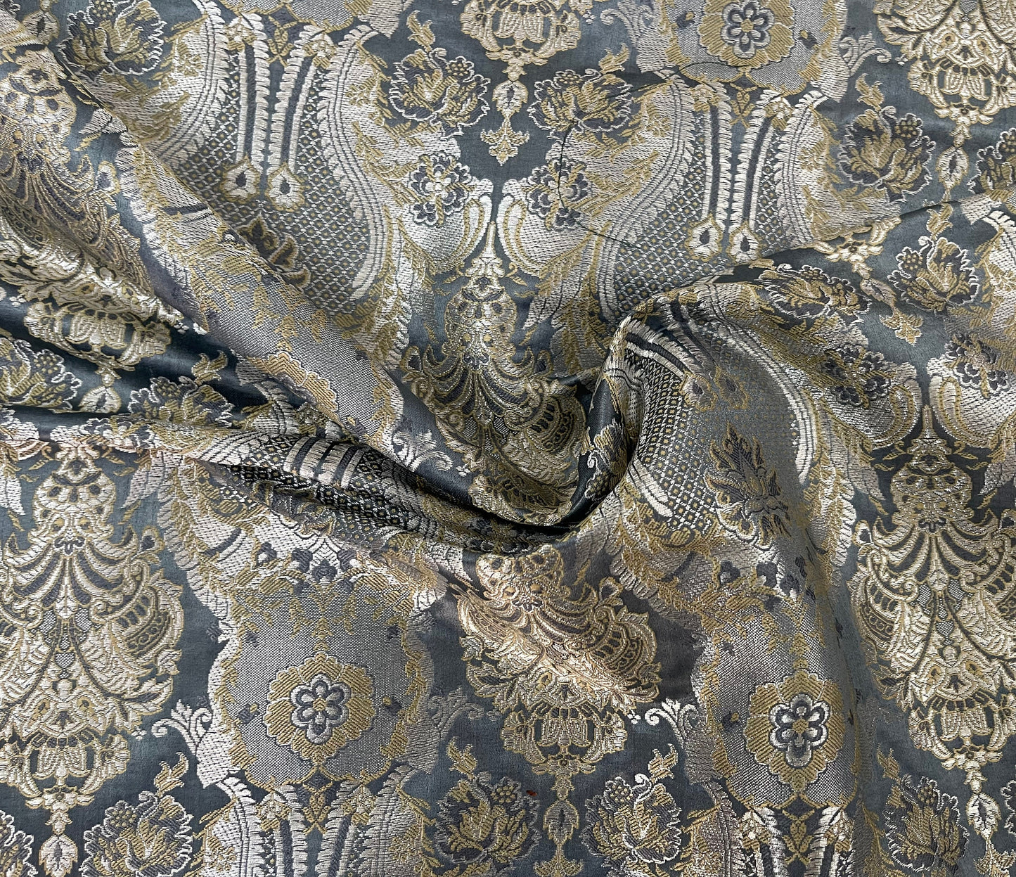 Indian Banarsri Brocade Fabric in Slate Gray and Silver color, Multiple lengths will come in the continuous piece - NF798