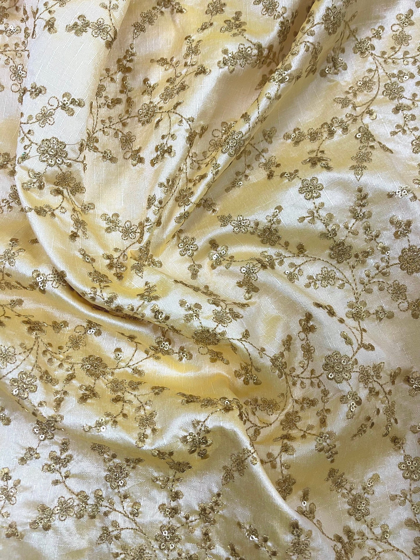 Indian Embroidered Fabric in Light Yellow & Gold color, Multiple lengths will come in the continuous piece - NF658