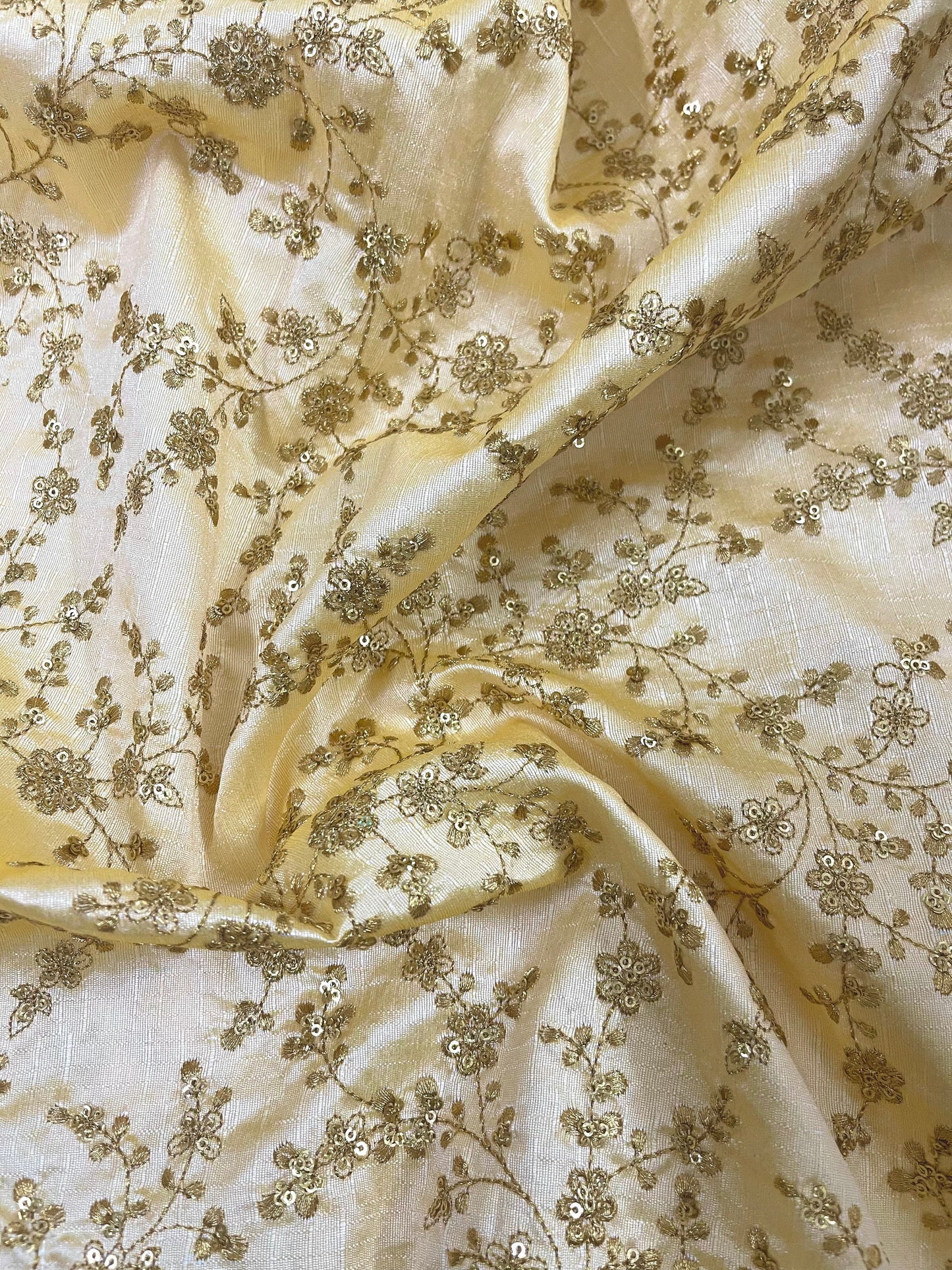 Indian Embroidered Fabric in Light Yellow & Gold color, Multiple lengths will come in the continuous piece - NF658