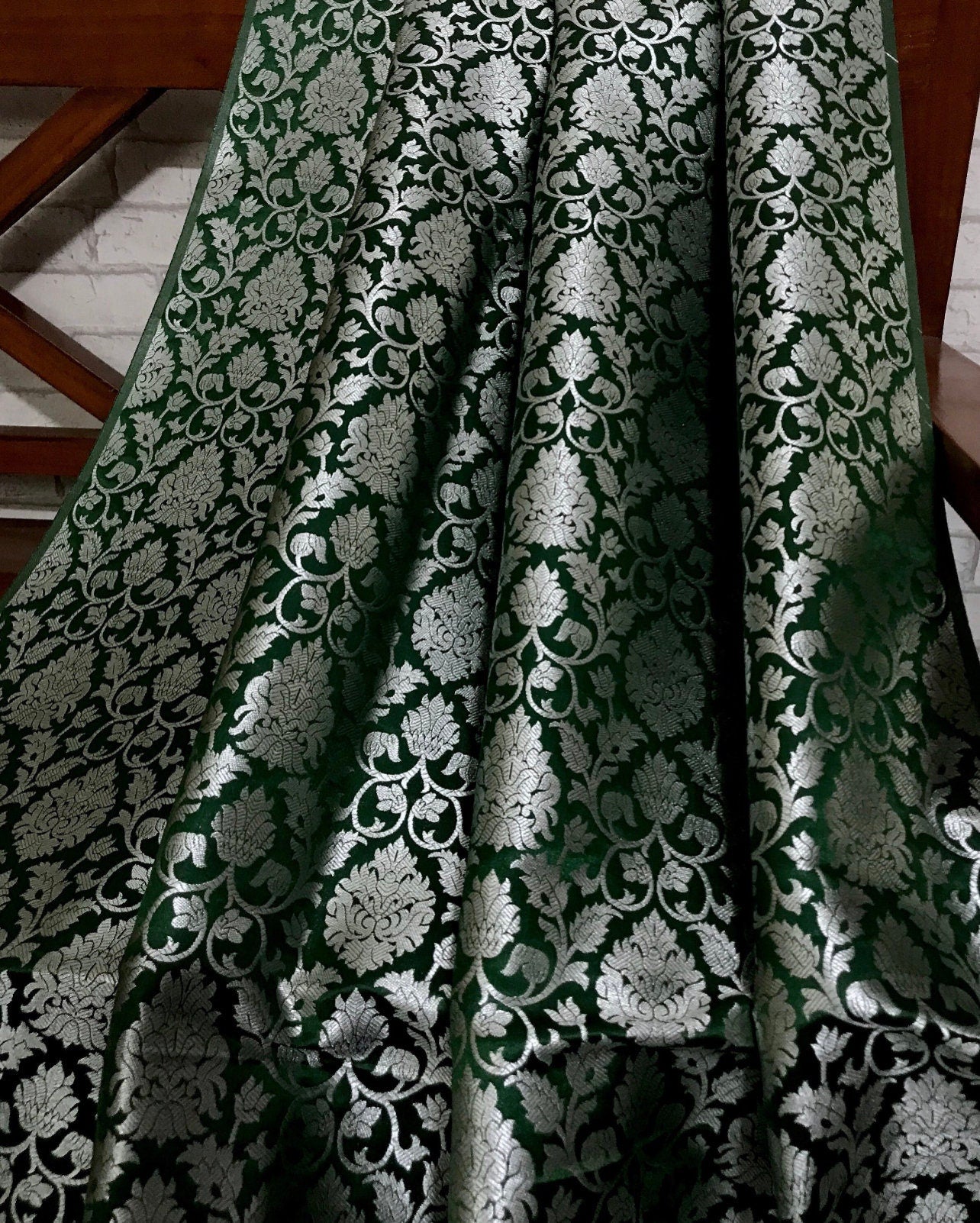 India Banarasi Brocade Fabric in Green and Silver Color, Multiple lengths will come in the continuous piece - NF670