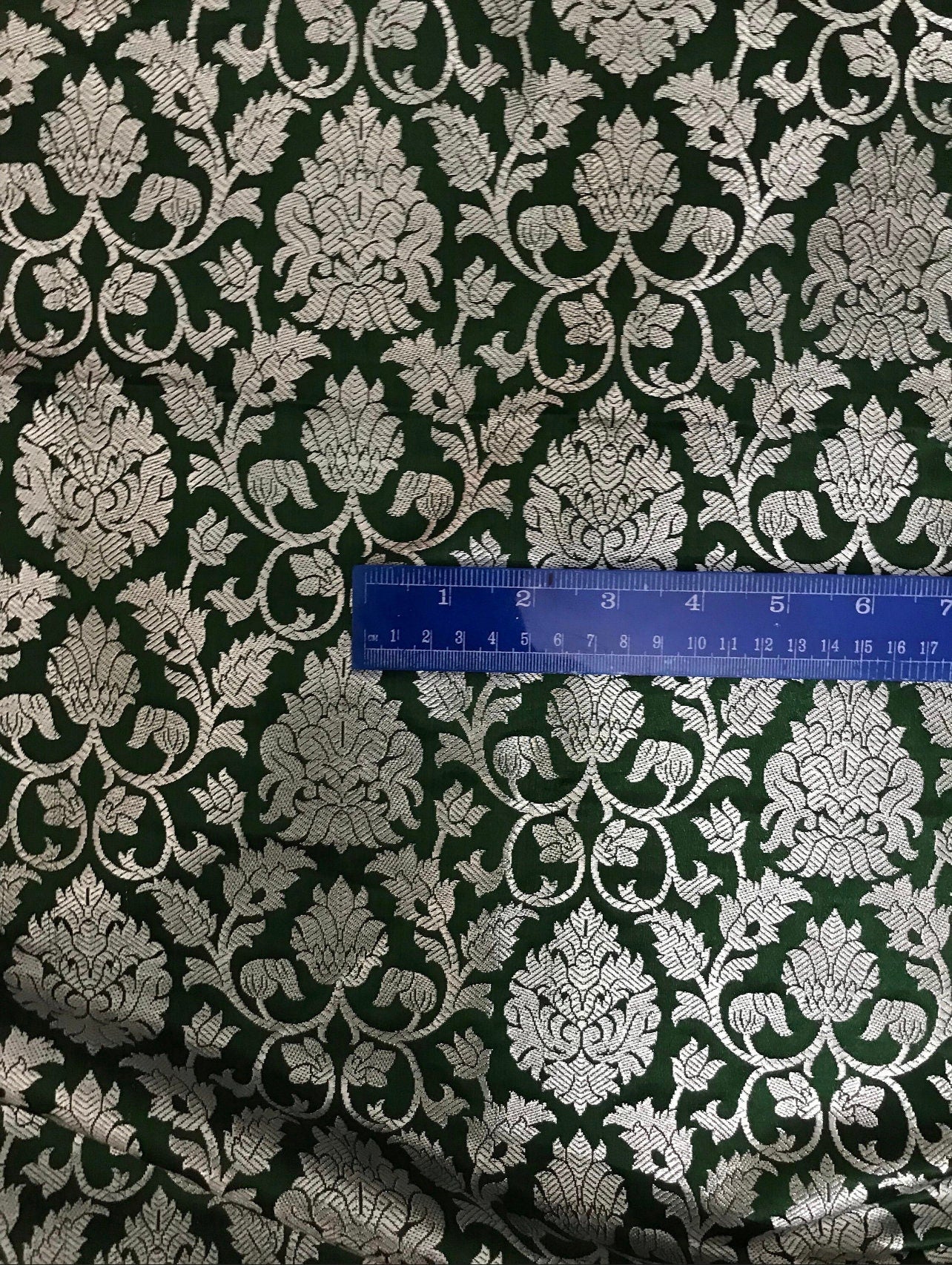 India Banarasi Brocade Fabric in Green and Silver Color, Multiple lengths will come in the continuous piece - NF670