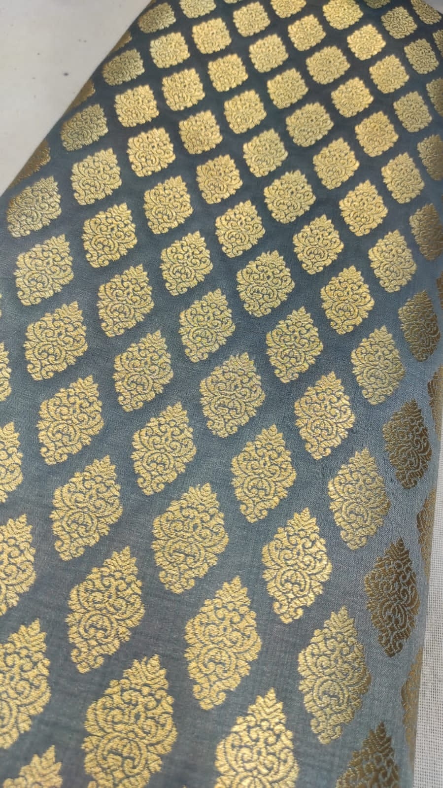 Indian Banarasi Brocade Fabric in Gray & Gold color,  Multiple lengths will come in a continuous piece - NF625