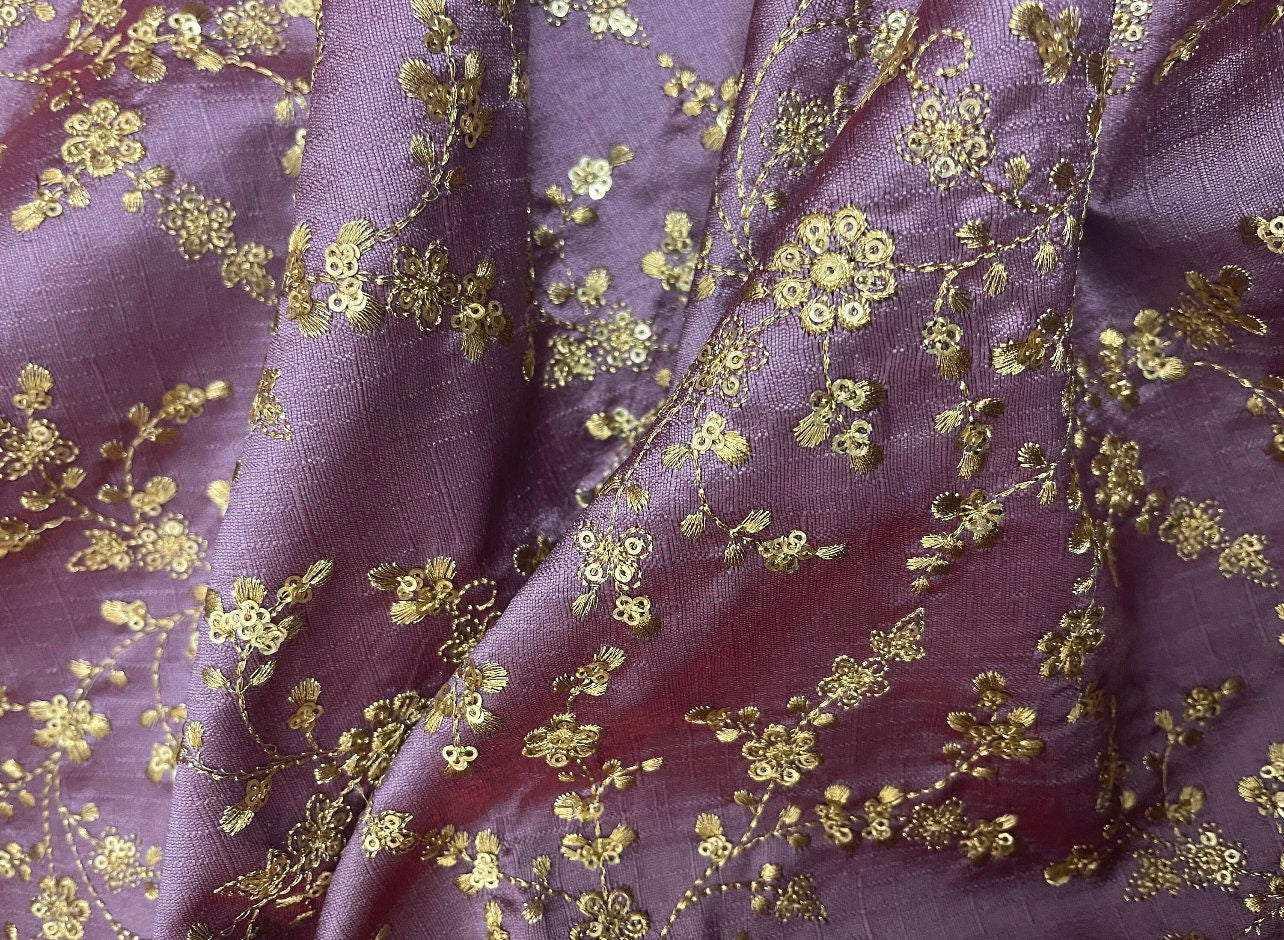 Purple Mauve & Gold Embroidered Fabric, Dress Fabric, Wedding Fabric, Multiple yardage will come in the continuous length NF473