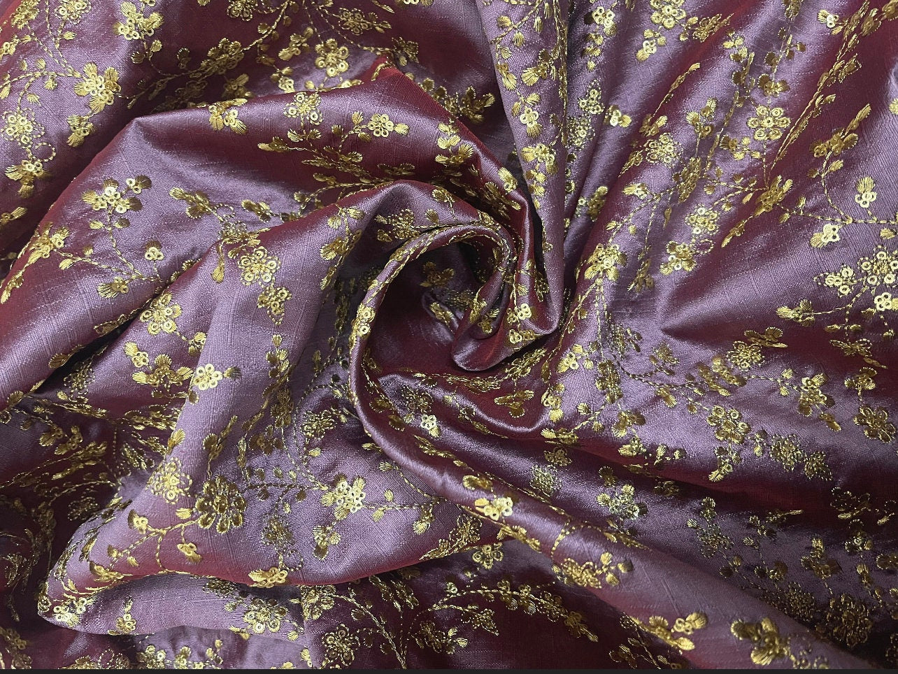 Purple Mauve & Gold Embroidered Fabric, Dress Fabric, Wedding Fabric, Multiple yardage will come in the continuous length NF473