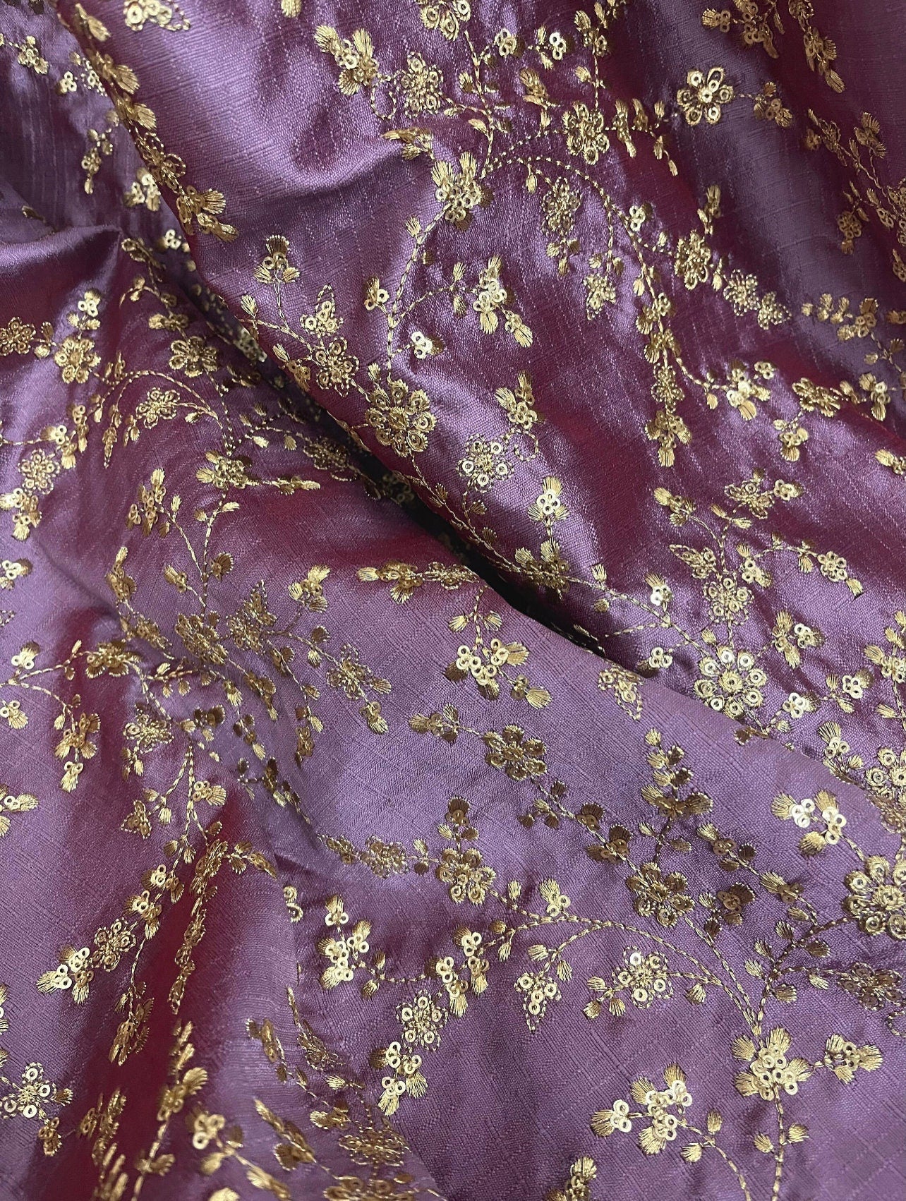 Purple Mauve & Gold Embroidered Fabric, Dress Fabric, Wedding Fabric, Multiple yardage will come in the continuous length NF473