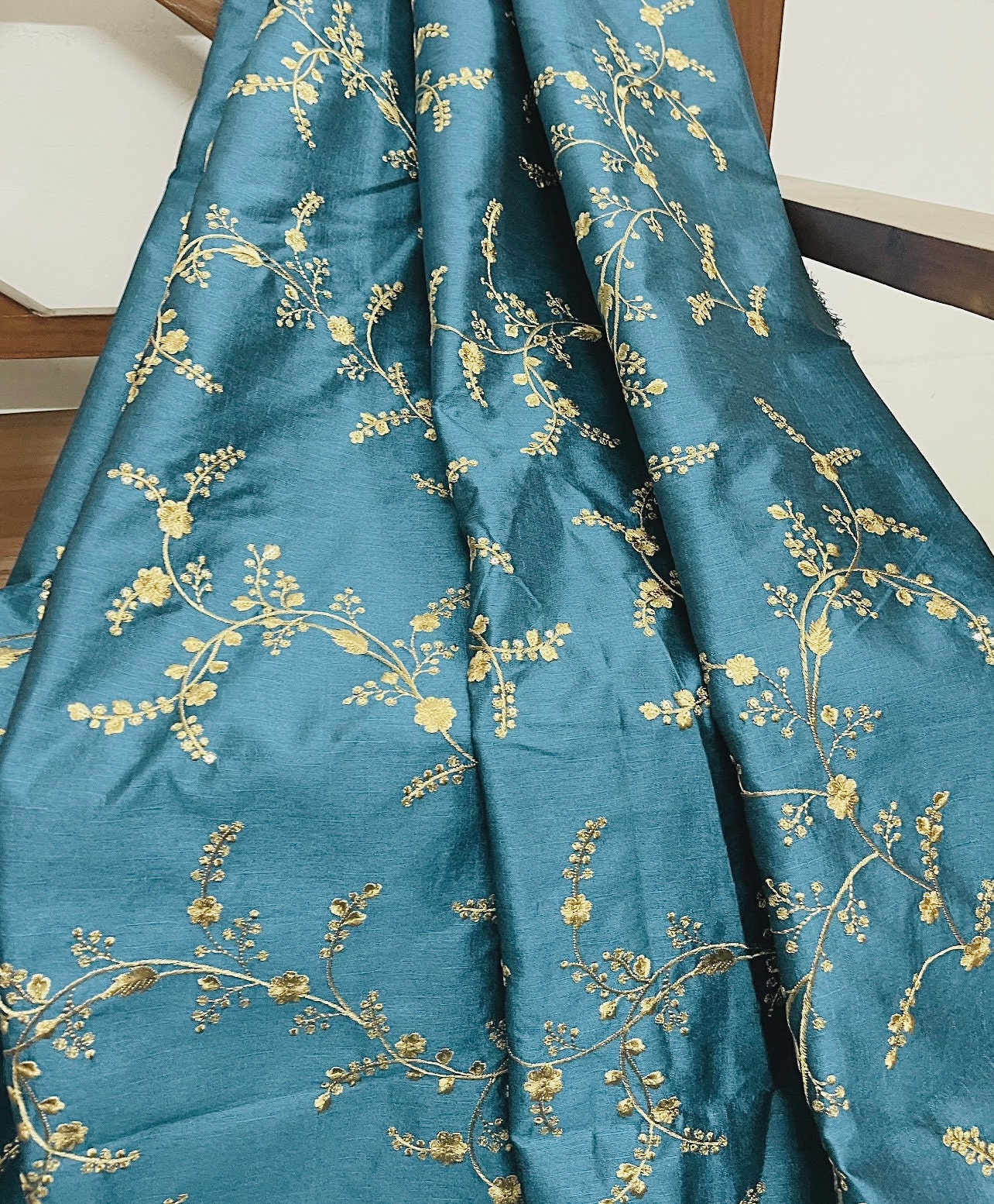 Indian Embroidered Fabric in Blue & Gold color, Multiple lengths will come in the continuous piece - NF698