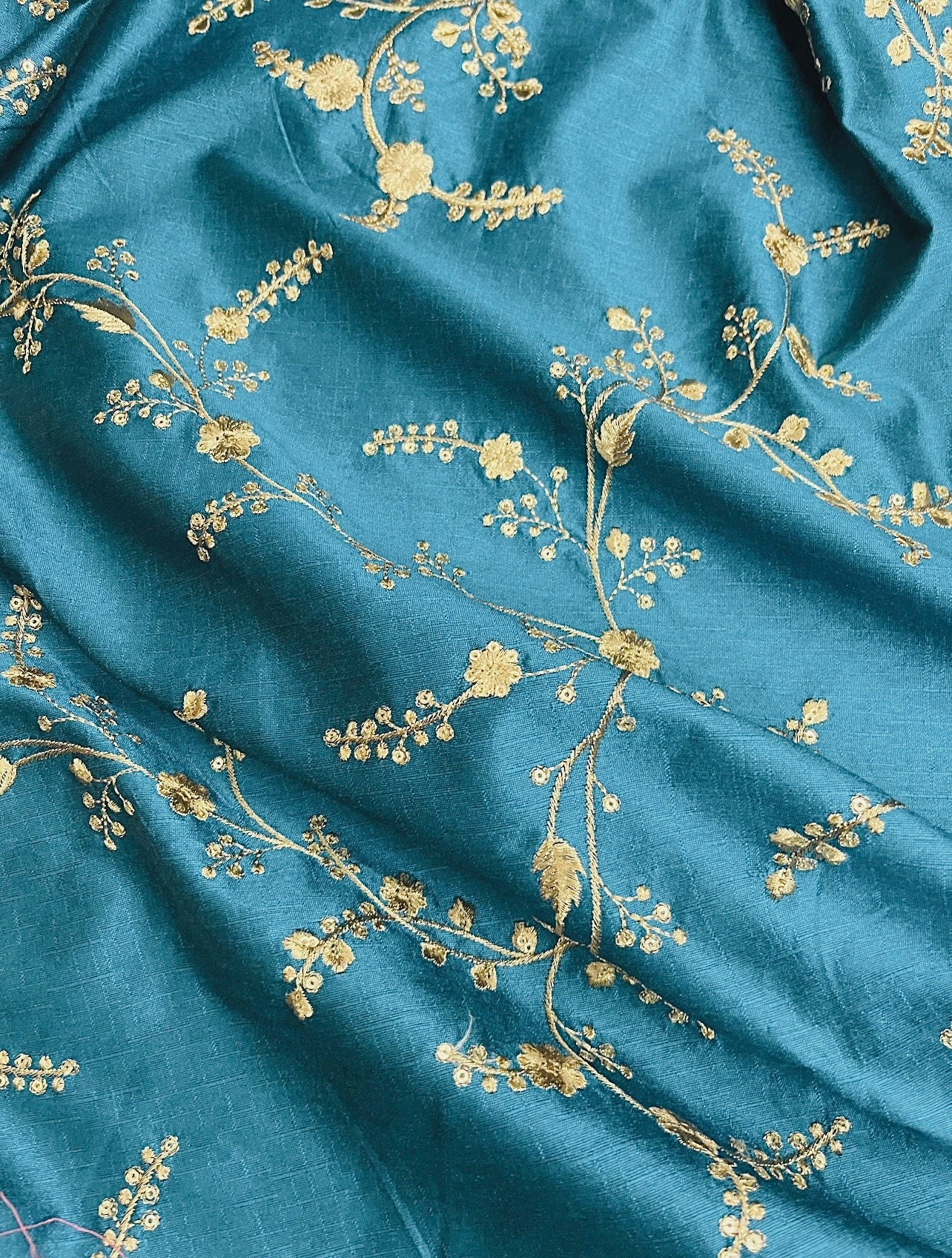 Indian Embroidered Fabric in Blue & Gold color, Multiple lengths will come in the continuous piece - NF698