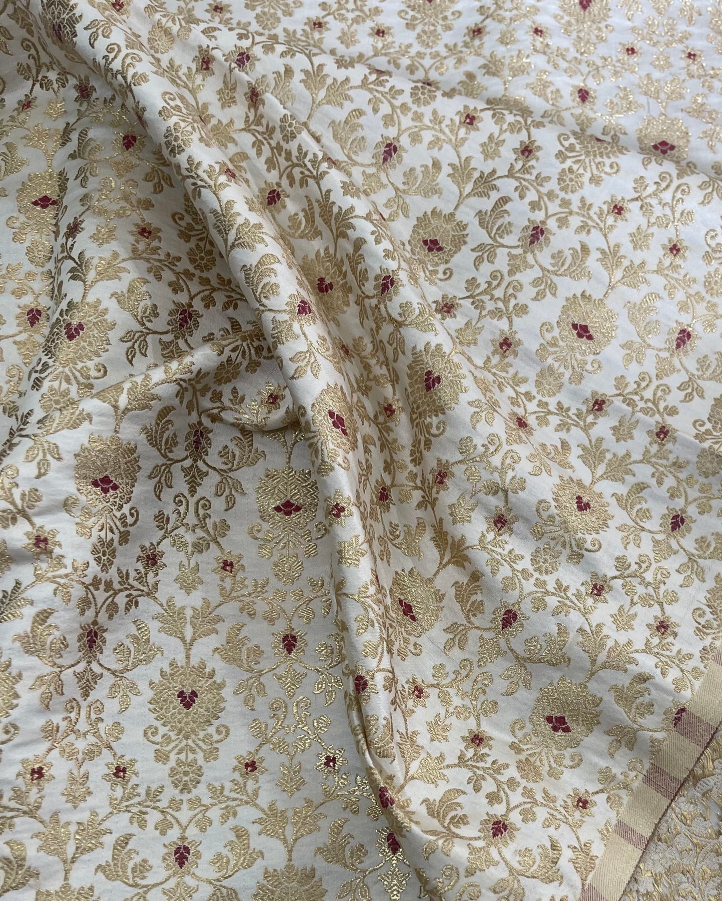 Indian Banarasi Brocade Fabric in Off White and Gold color, Multiple lengths will come in a continuous piece - NF703