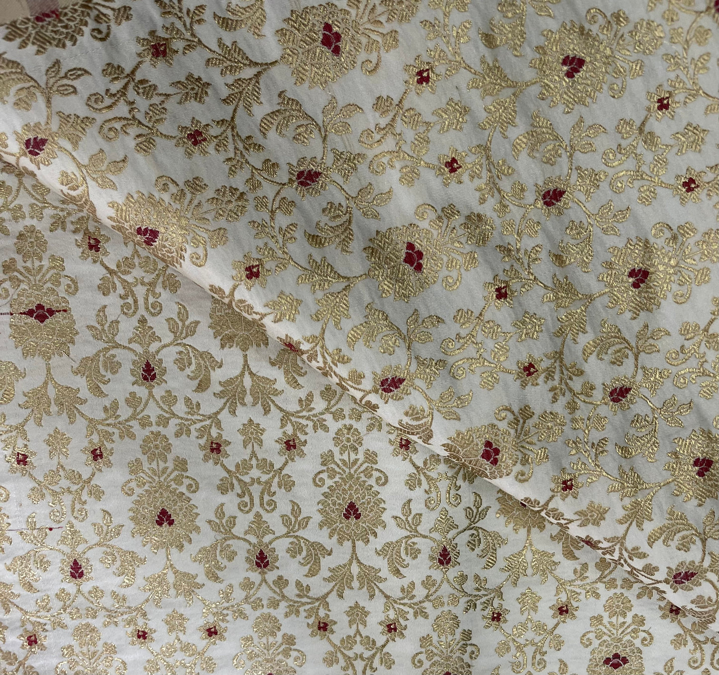 Indian Banarasi Brocade Fabric in Off White and Gold color, Multiple lengths will come in a continuous piece - NF703