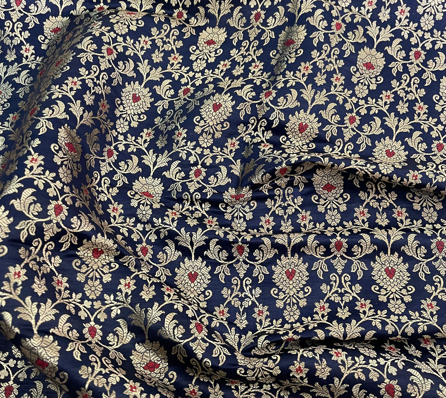 India Banarasi Brocade Fabric in Navy Blue and Gold color,  Multiple lengths will come in the continuous Piece - NF704