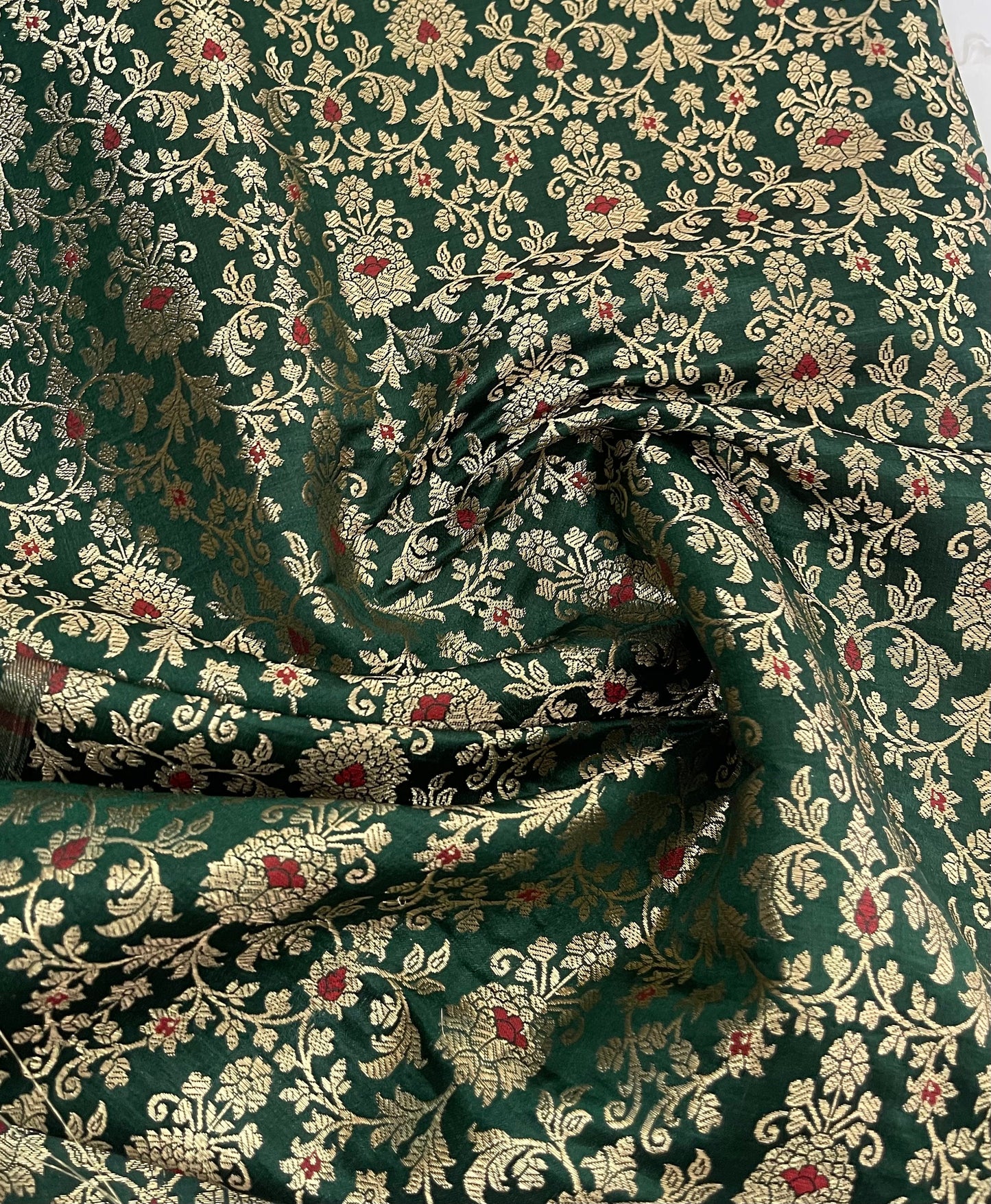 Indian Banarsi Brocade Fabric in Green and Gold color, Multiple lengths will come in the continuous piece - NF707