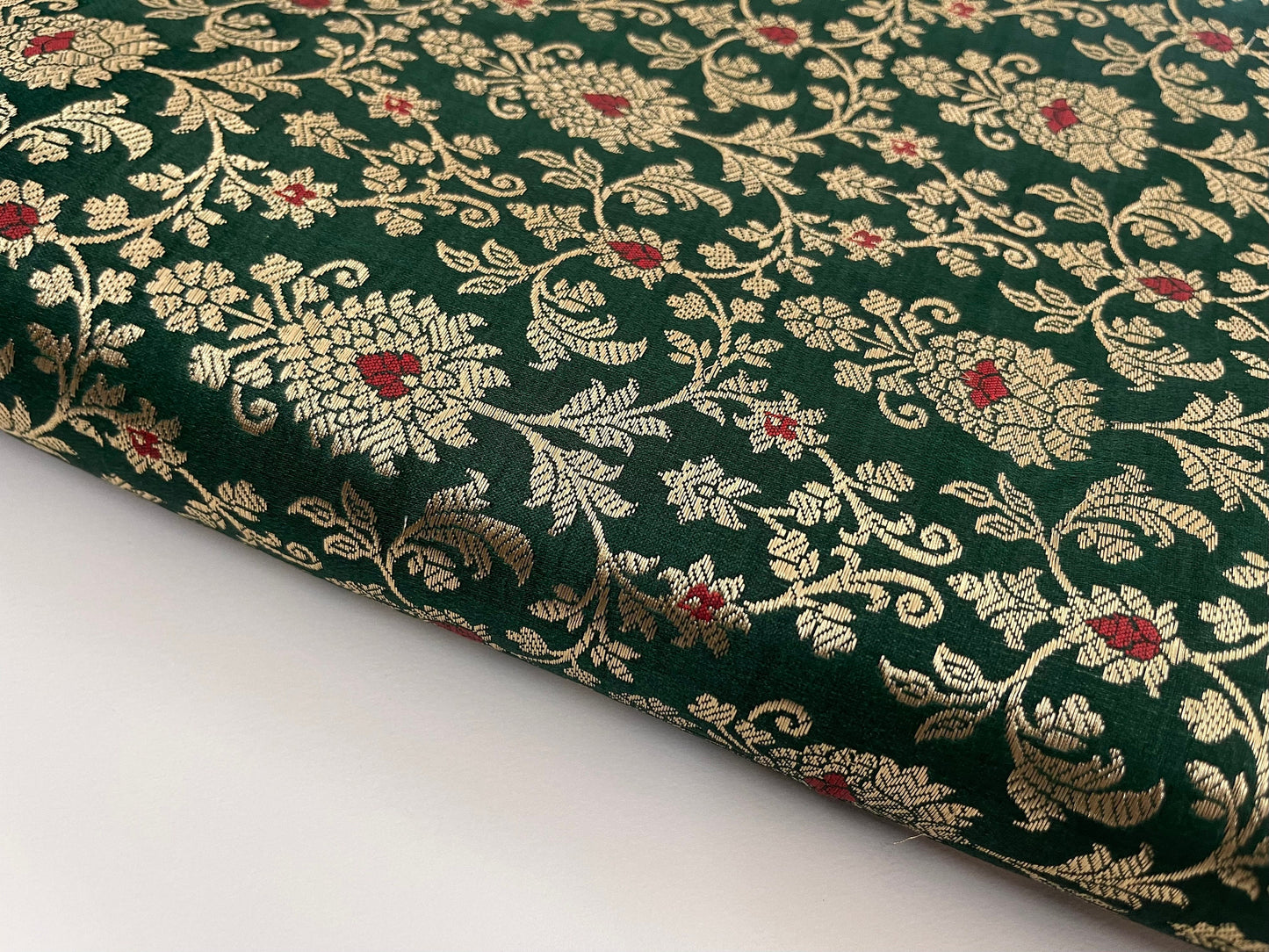 Indian Banarsi Brocade Fabric in Green and Gold color, Multiple lengths will come in the continuous piece - NF707