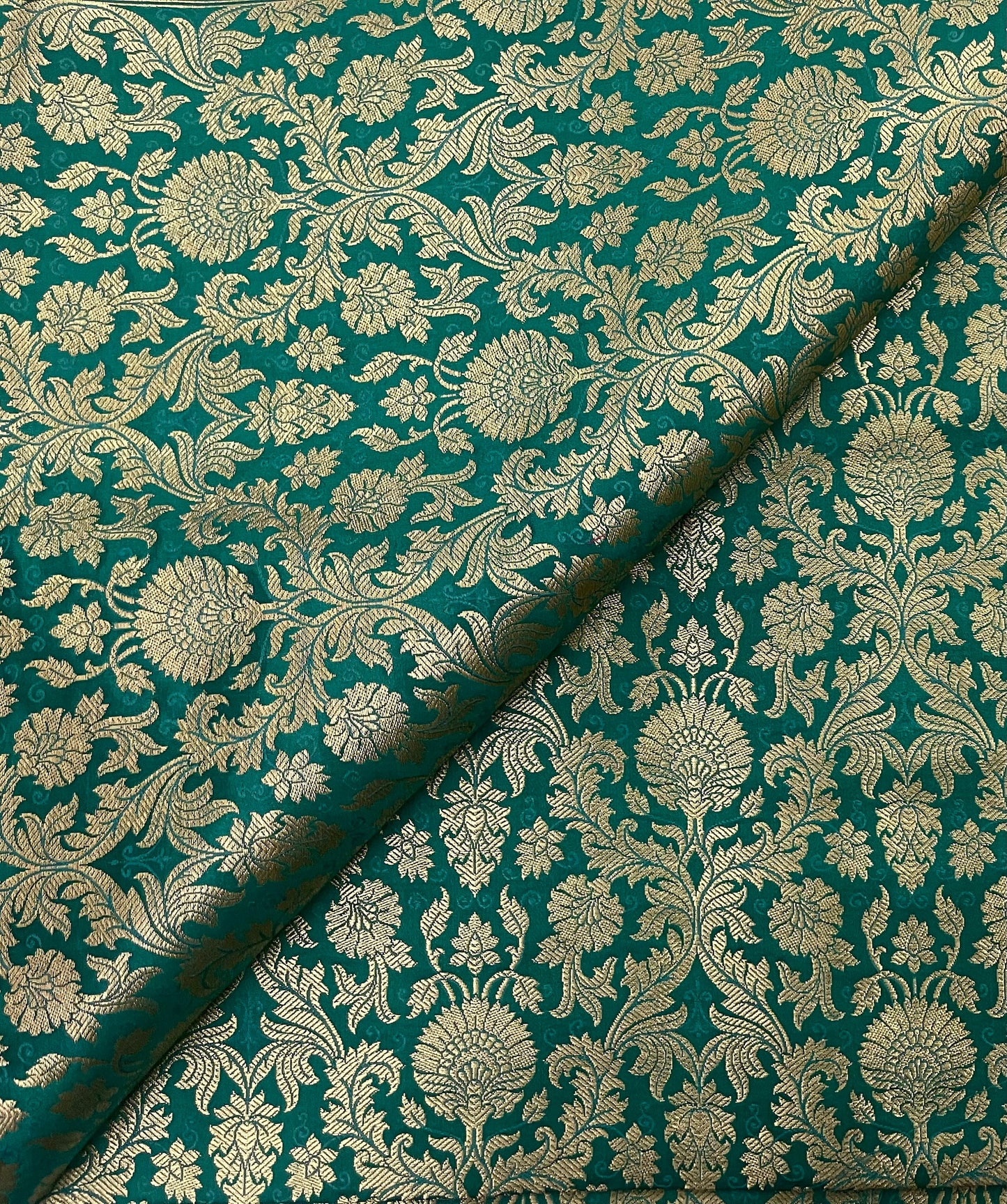 Indian Banarasi Brocade Fabric in Green and Gold Brocade color, Multiple lengths will come in the continuous piece - NFAF638