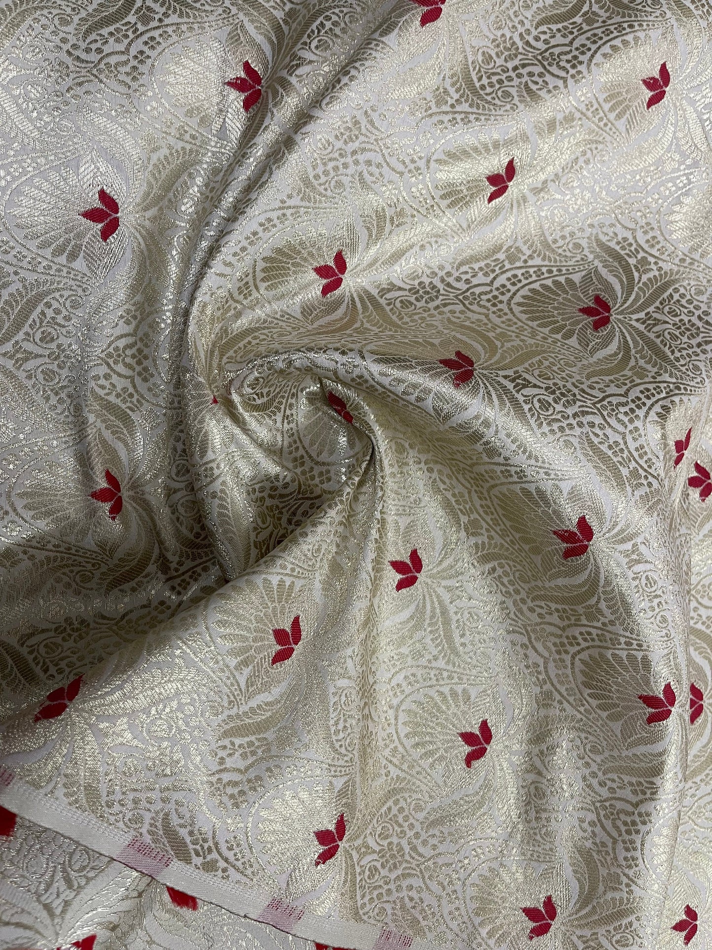 Indian Banarasi Brocade Fabric in Off white and Gold color, Multiple lengths will come in the continuous Piece - NF731