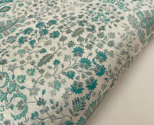 Green, gray & gold off white base embroidered fabric, Wedding Fabric, Indian fabric, Floral design, Couture fashion, Luxury fabric - NFAF644