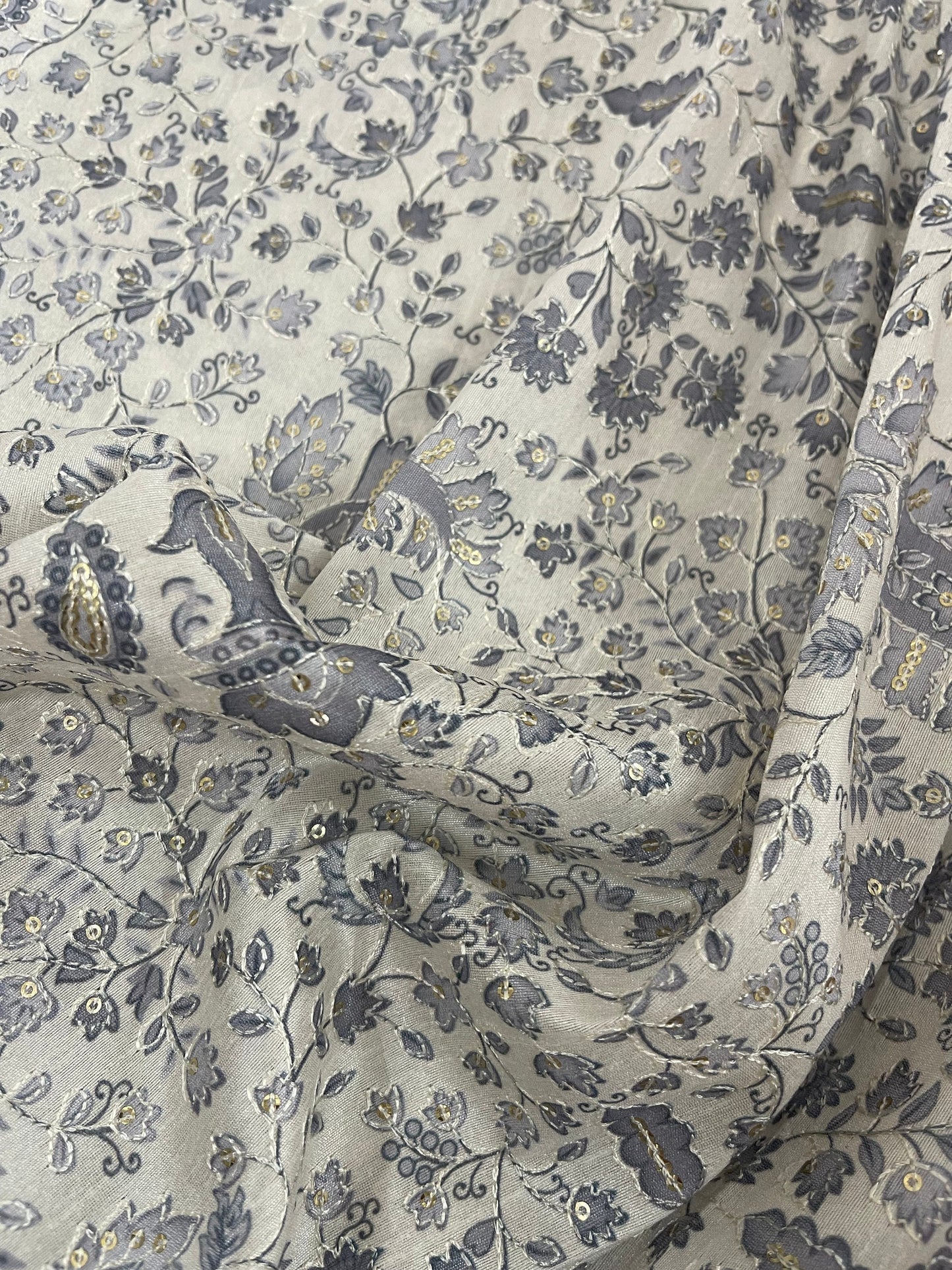 Indian Embroidered Viscose Silk Fabric in Gray and off White Color, Multiple lengths will come in the continuous Piece - NF645