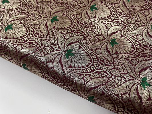 Banarasi brocade fabric, Maroon Gold Floral brocade fabric, Wedding dress, Renaissance fabric, Designer fabric, Medieval fabric - NFAF729
