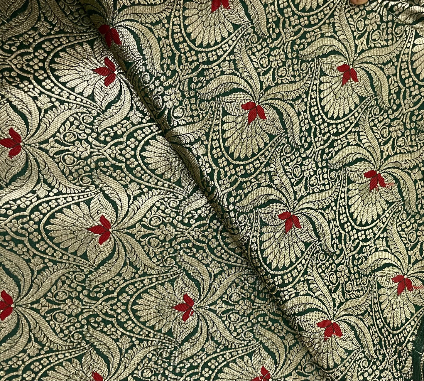 Indian Banarasi Brocade Fabric in Green and Gold color, Multiple lengths will come in the continuous Piece - NF730