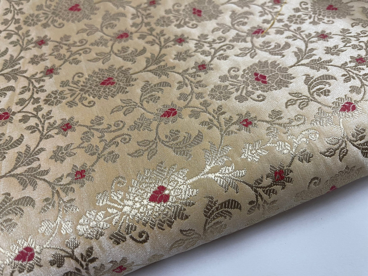 Indian Banarasi Brocade fabric in Beige and Gold color, Multiple lengths will come in a continuous piece - NF712