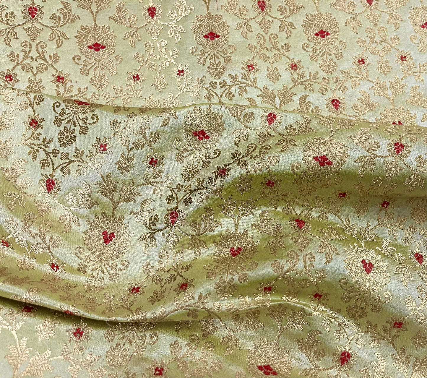 Indian Banarasi Brocade Fabric in Green and Gold color, Multiple lengths will come in the continuous Piece - NF714